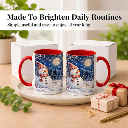 #pl[15oz|Red] Moon Snowman Coffee Mug, Snowy Forest Winter Mug, Ceramic Cup