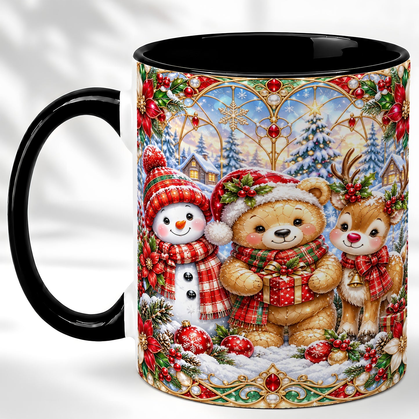 #pl[11oz|Black] Snowman Reindeer Coffee Mug, Teddy Bear Christmas Mug, Ceramic Cup
