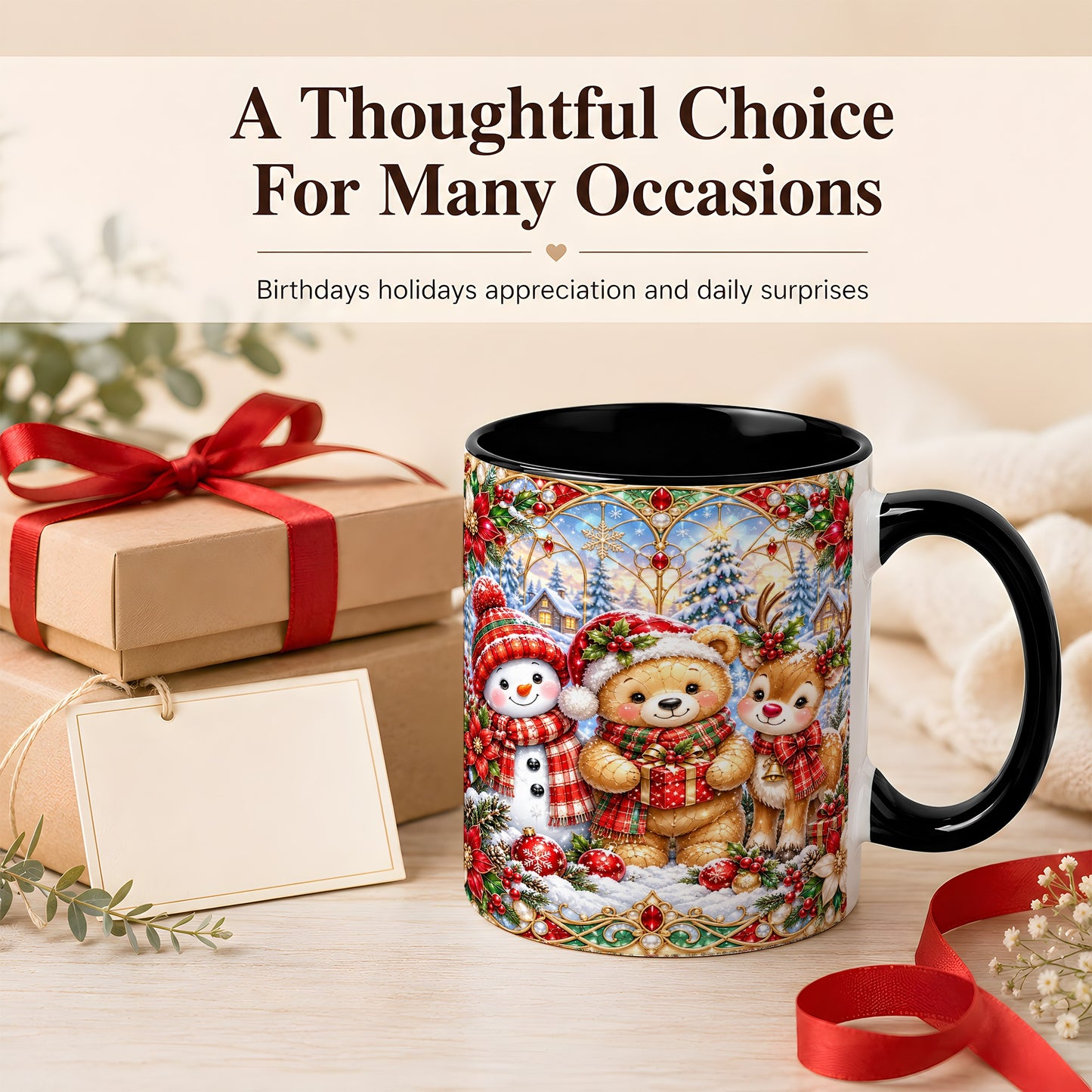 #pl[11oz|Black] Snowman Reindeer Coffee Mug, Teddy Bear Christmas Mug, Ceramic Cup