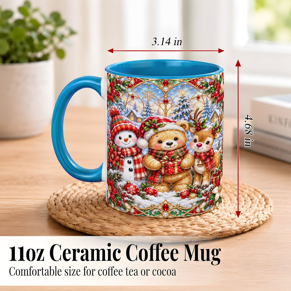 #pl[11oz|Blue] Snowman Reindeer Coffee Mug, Teddy Bear Christmas Mug, Ceramic Cup