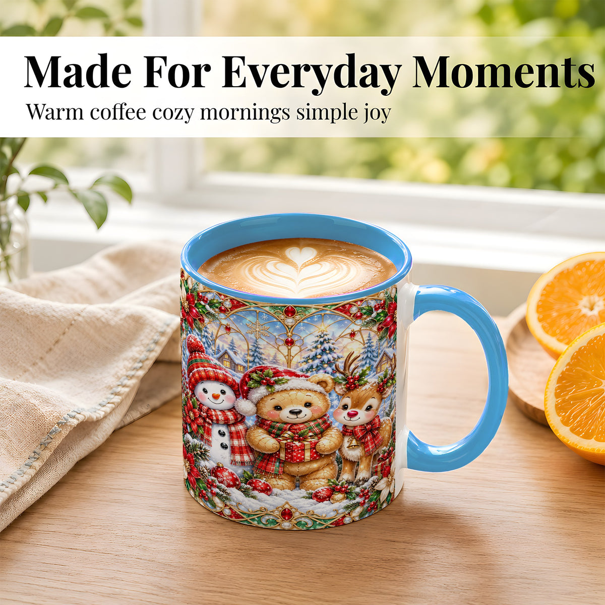 #pl[11oz|Blue] Snowman Reindeer Coffee Mug, Teddy Bear Christmas Mug, Ceramic Cup
