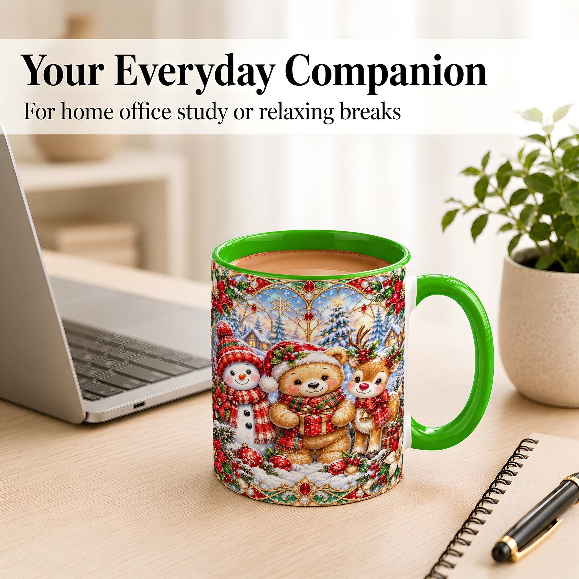 #pl[11oz|Green] Snowman Reindeer Coffee Mug, Teddy Bear Christmas Mug, Ceramic Cup