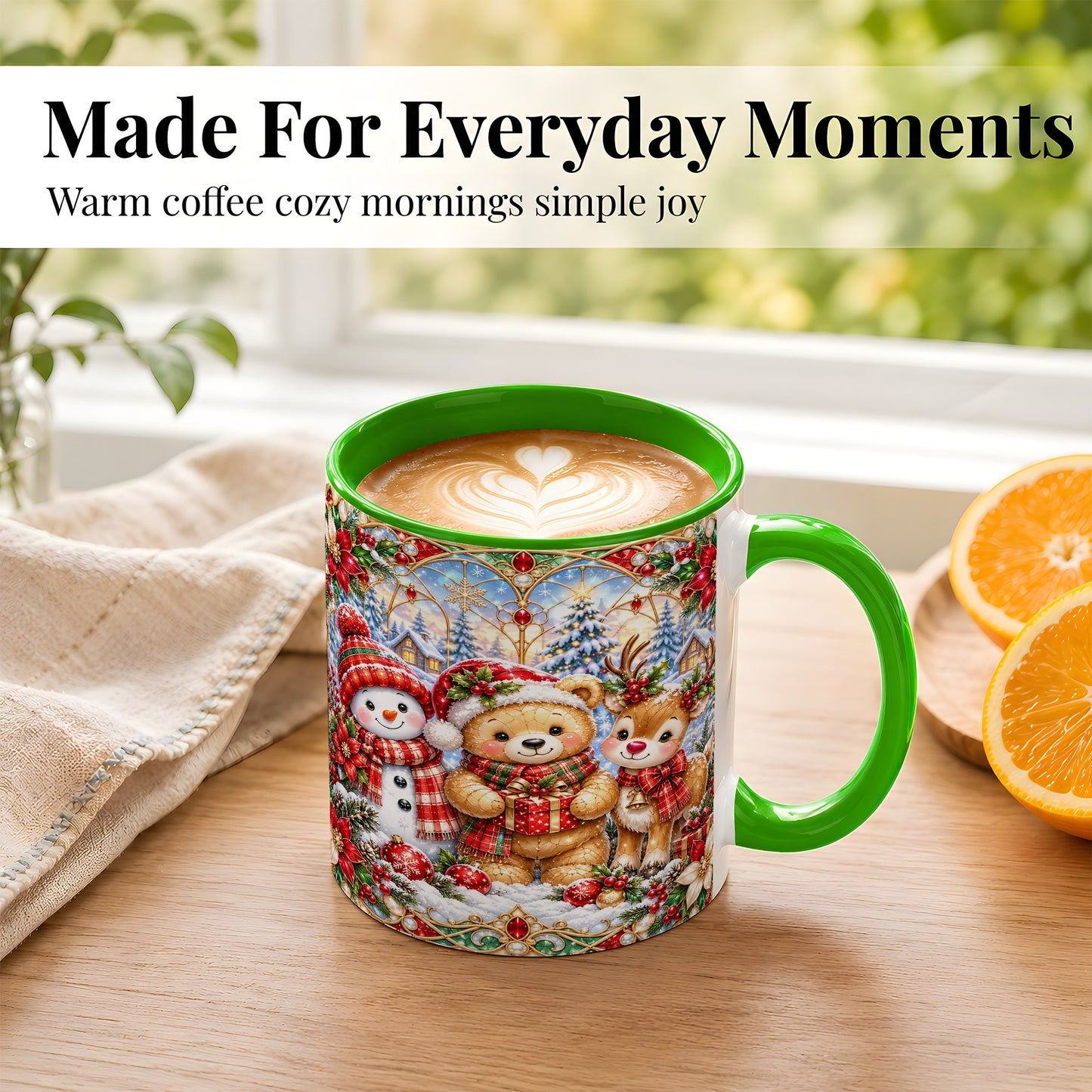 #pl[11oz|Green] Snowman Reindeer Coffee Mug, Teddy Bear Christmas Mug, Ceramic Cup