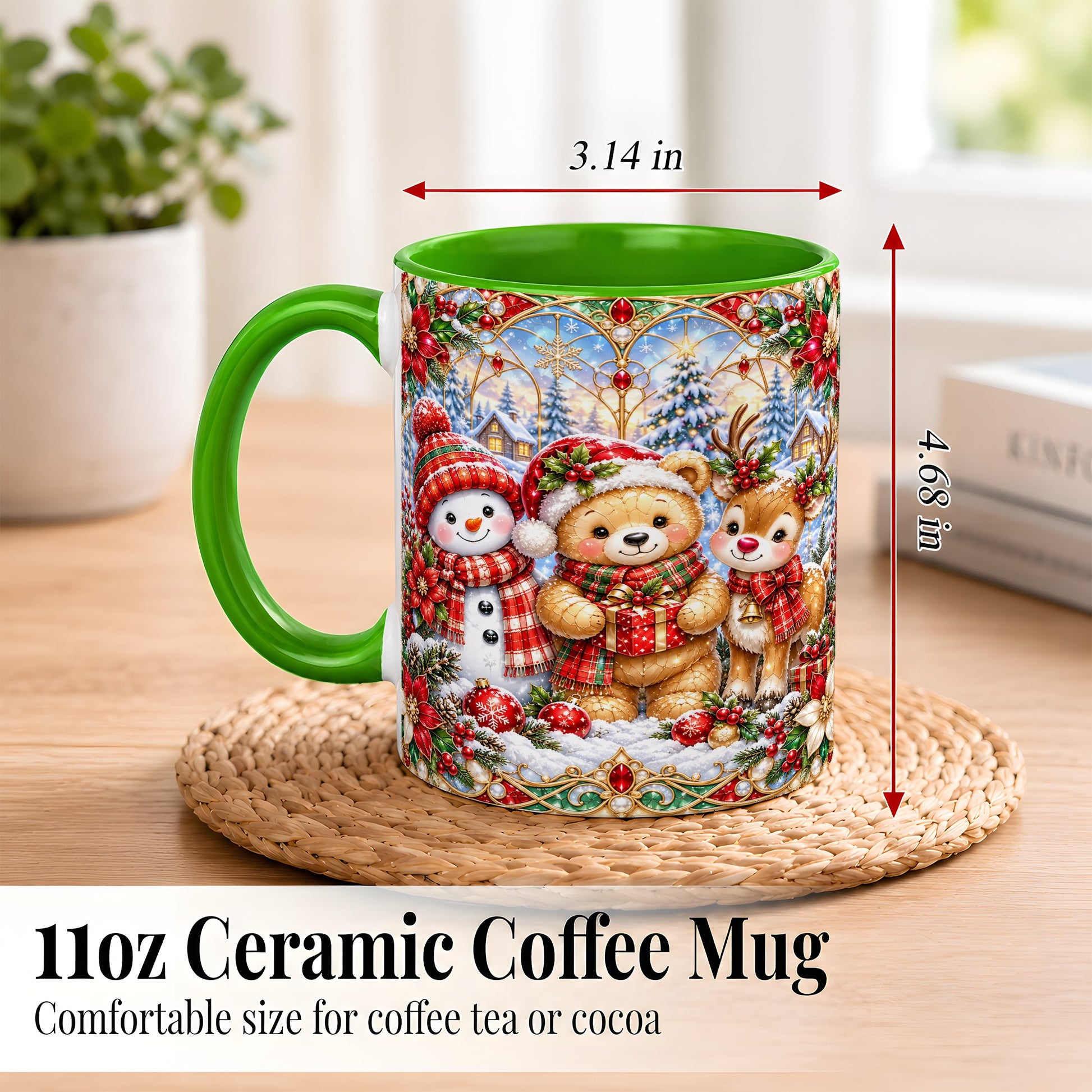 #pl[11oz|Green] Snowman Reindeer Coffee Mug, Teddy Bear Christmas Mug, Ceramic Cup