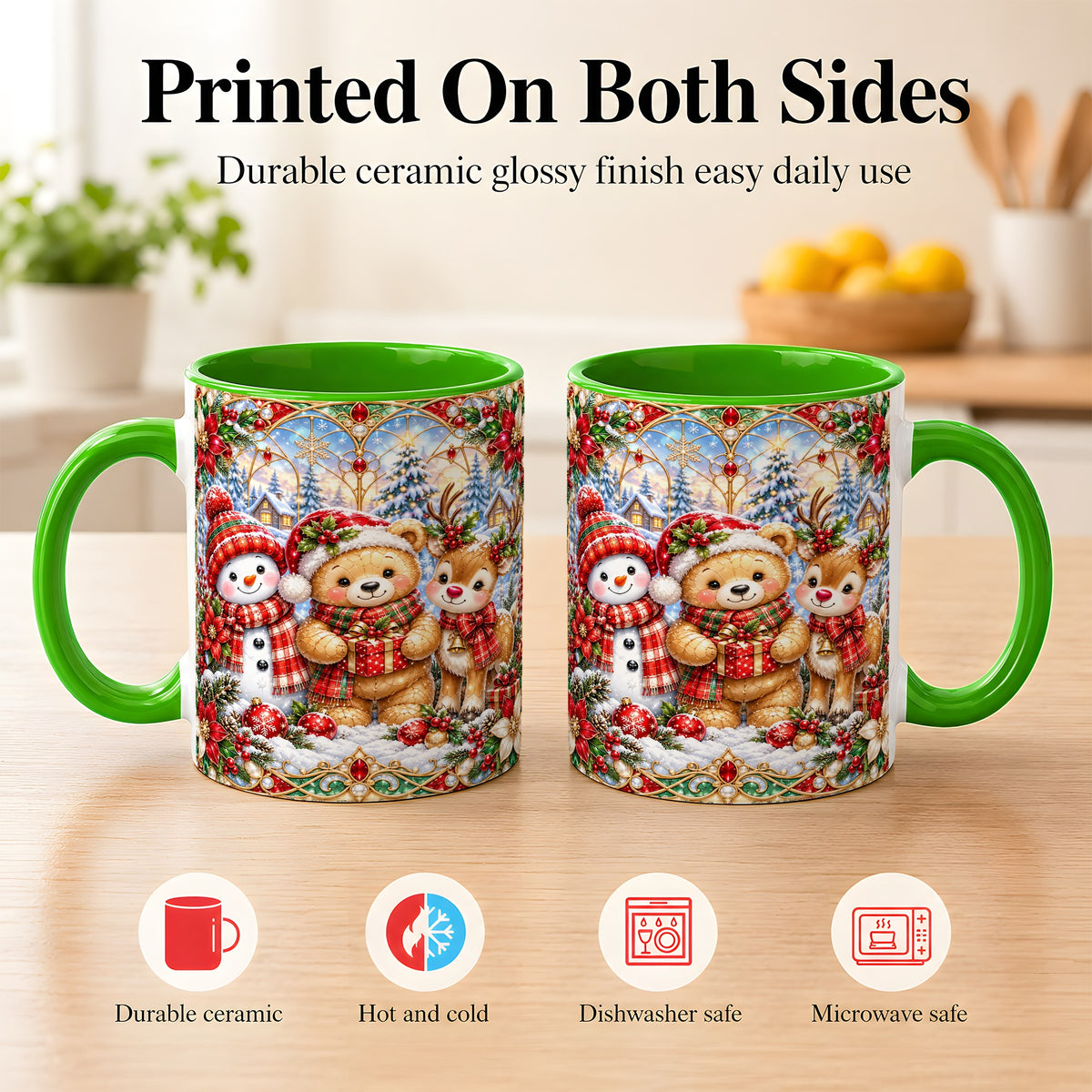 #pl[11oz|Green] Snowman Reindeer Coffee Mug, Teddy Bear Christmas Mug, Ceramic Cup