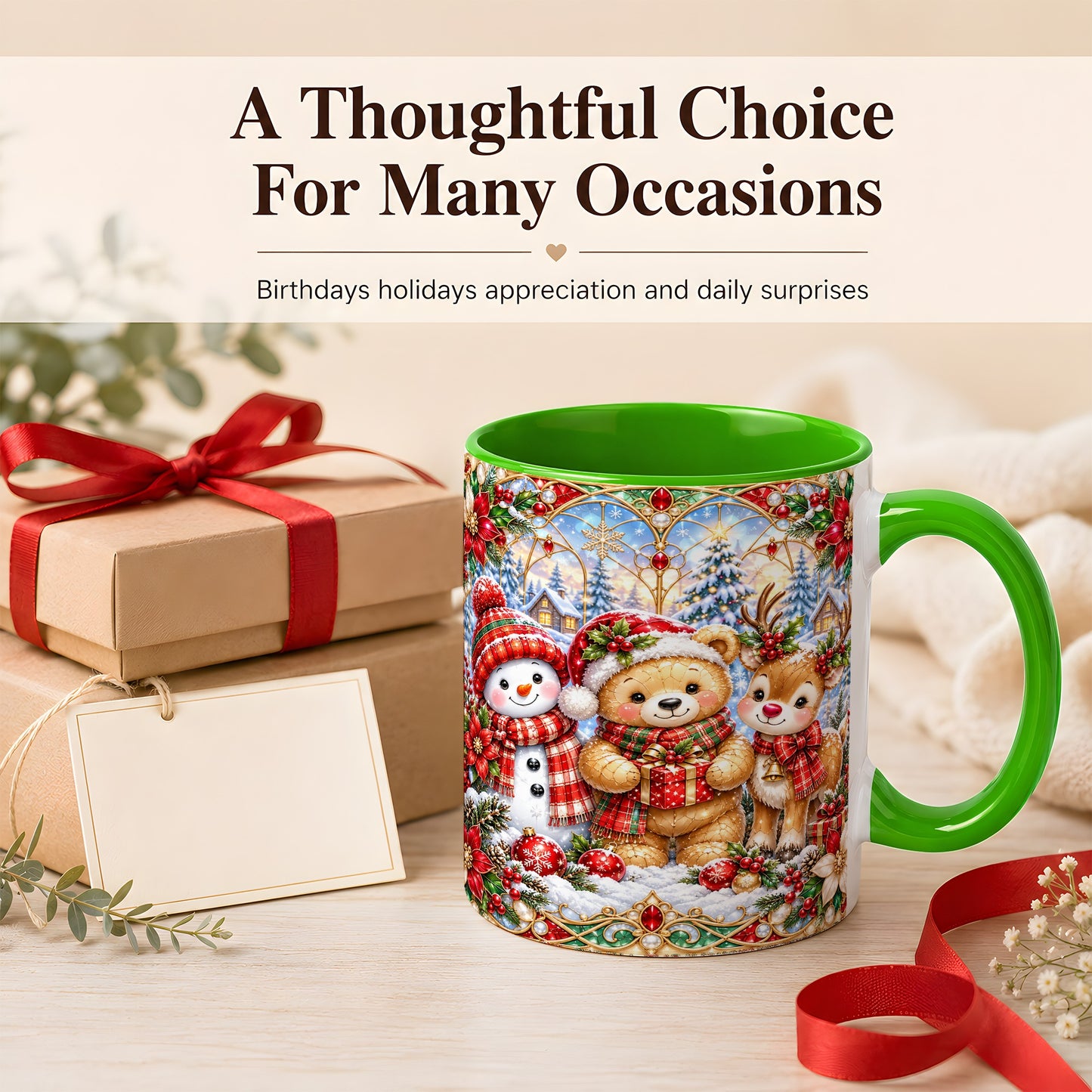 #pl[11oz|Green] Snowman Reindeer Coffee Mug, Teddy Bear Christmas Mug, Ceramic Cup