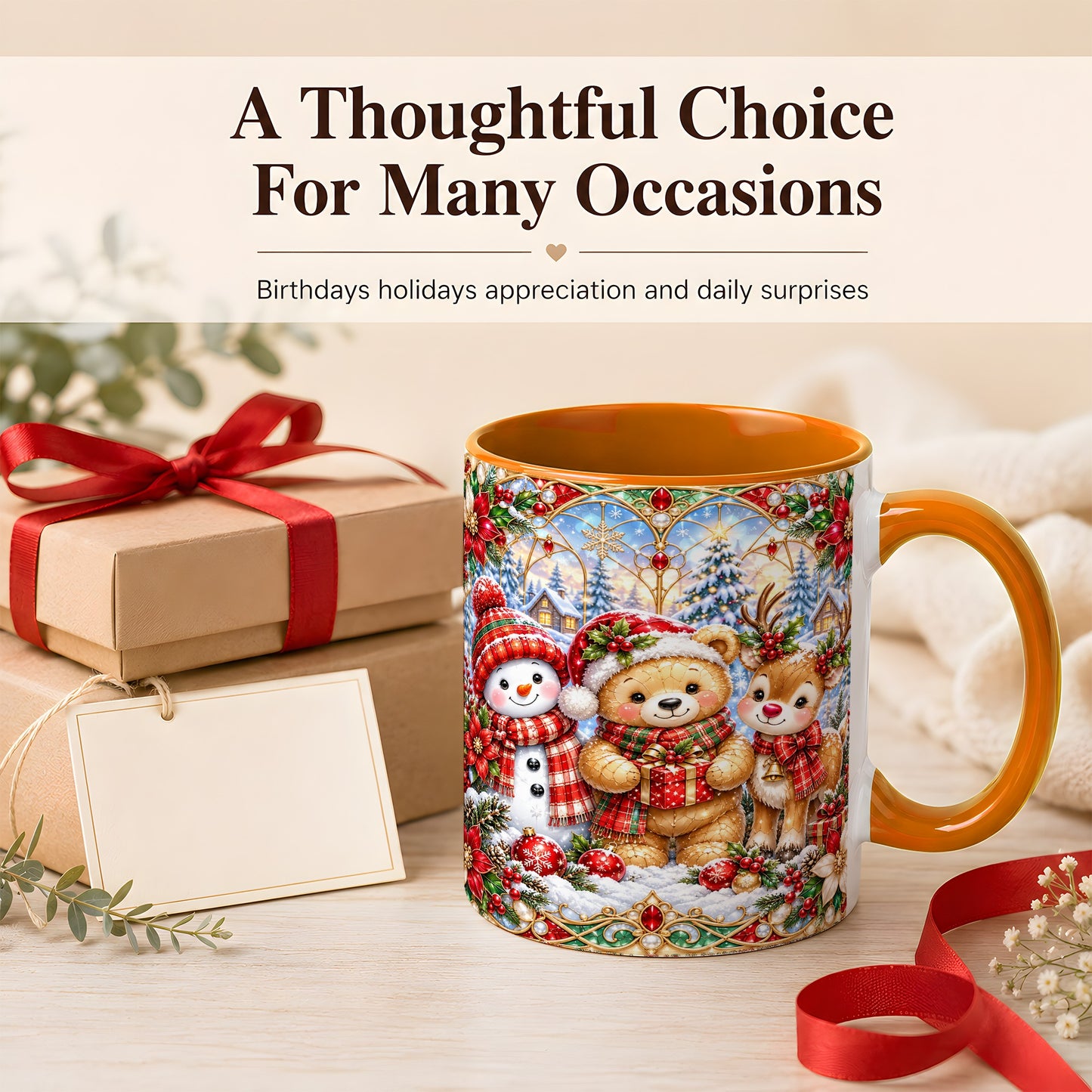 #pl[11oz|Orange] Snowman Reindeer Coffee Mug, Teddy Bear Christmas Mug, Ceramic Cup