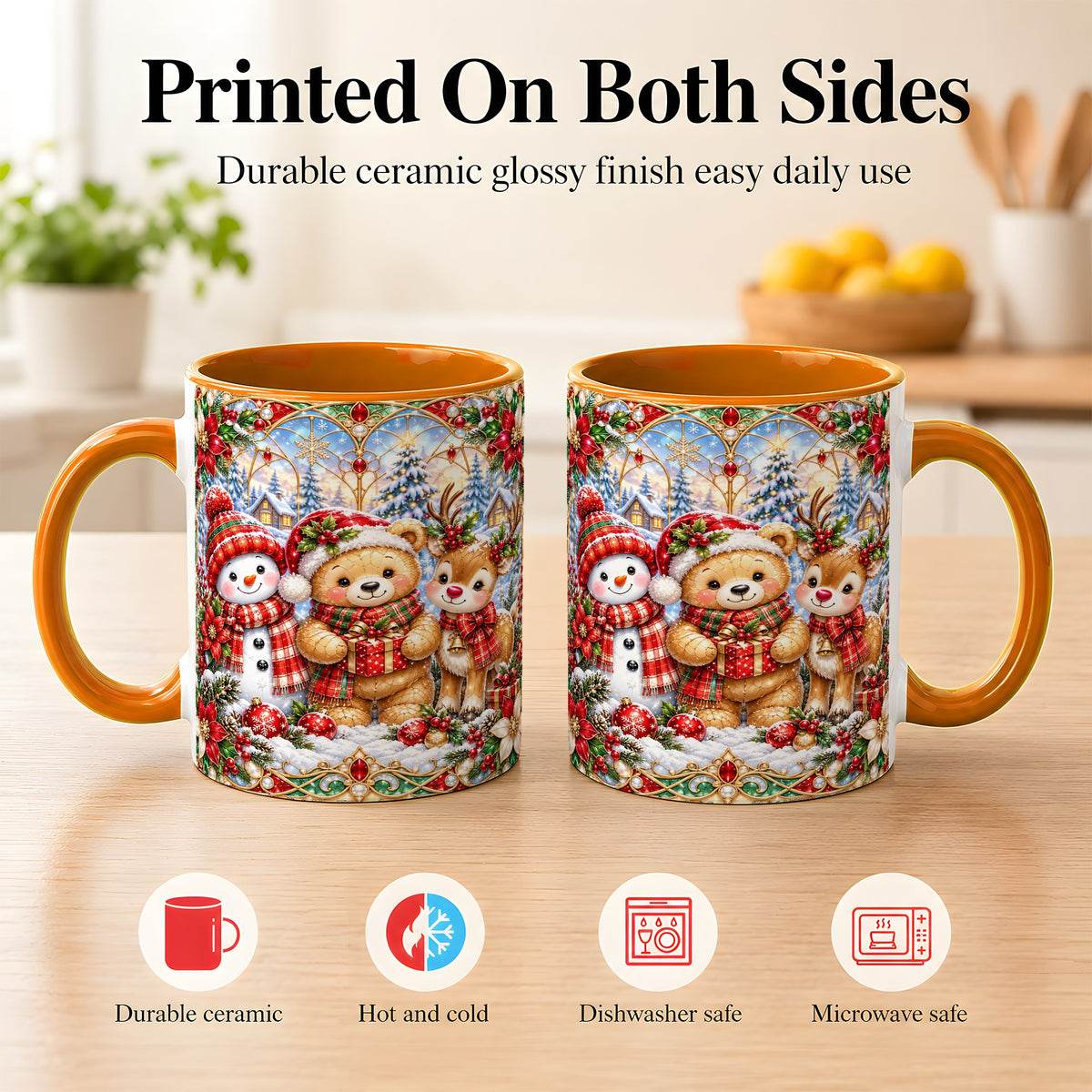 #pl[11oz|Orange] Snowman Reindeer Coffee Mug, Teddy Bear Christmas Mug, Ceramic Cup