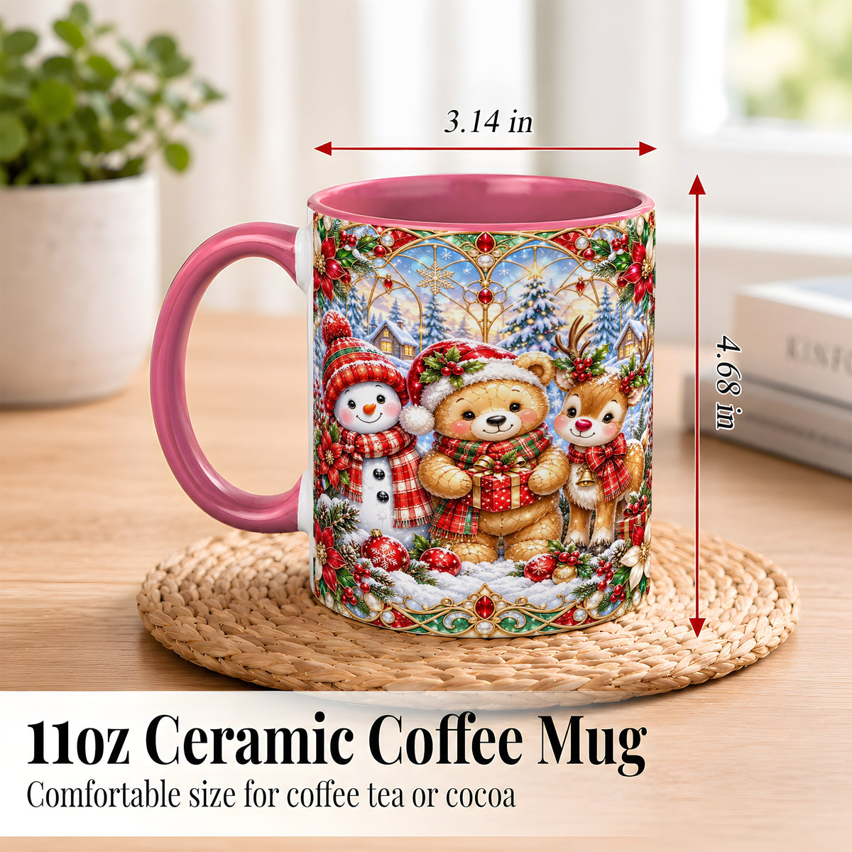 #pl[11oz|Pink] Snowman Reindeer Coffee Mug, Teddy Bear Christmas Mug, Ceramic Cup