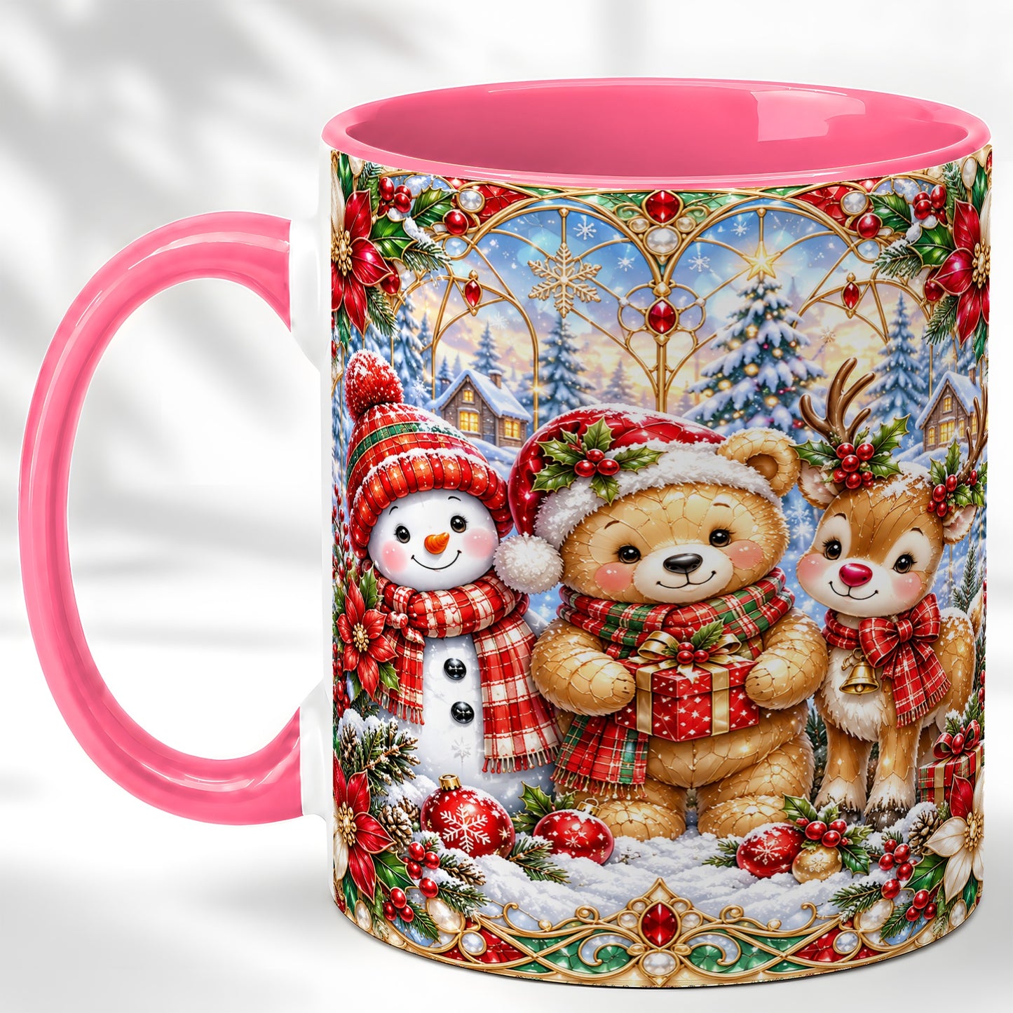 #pl[11oz|Pink] Snowman Reindeer Coffee Mug, Teddy Bear Christmas Mug, Ceramic Cup