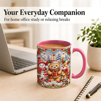 #pl[11oz|Pink] Snowman Reindeer Coffee Mug, Teddy Bear Christmas Mug, Ceramic Cup