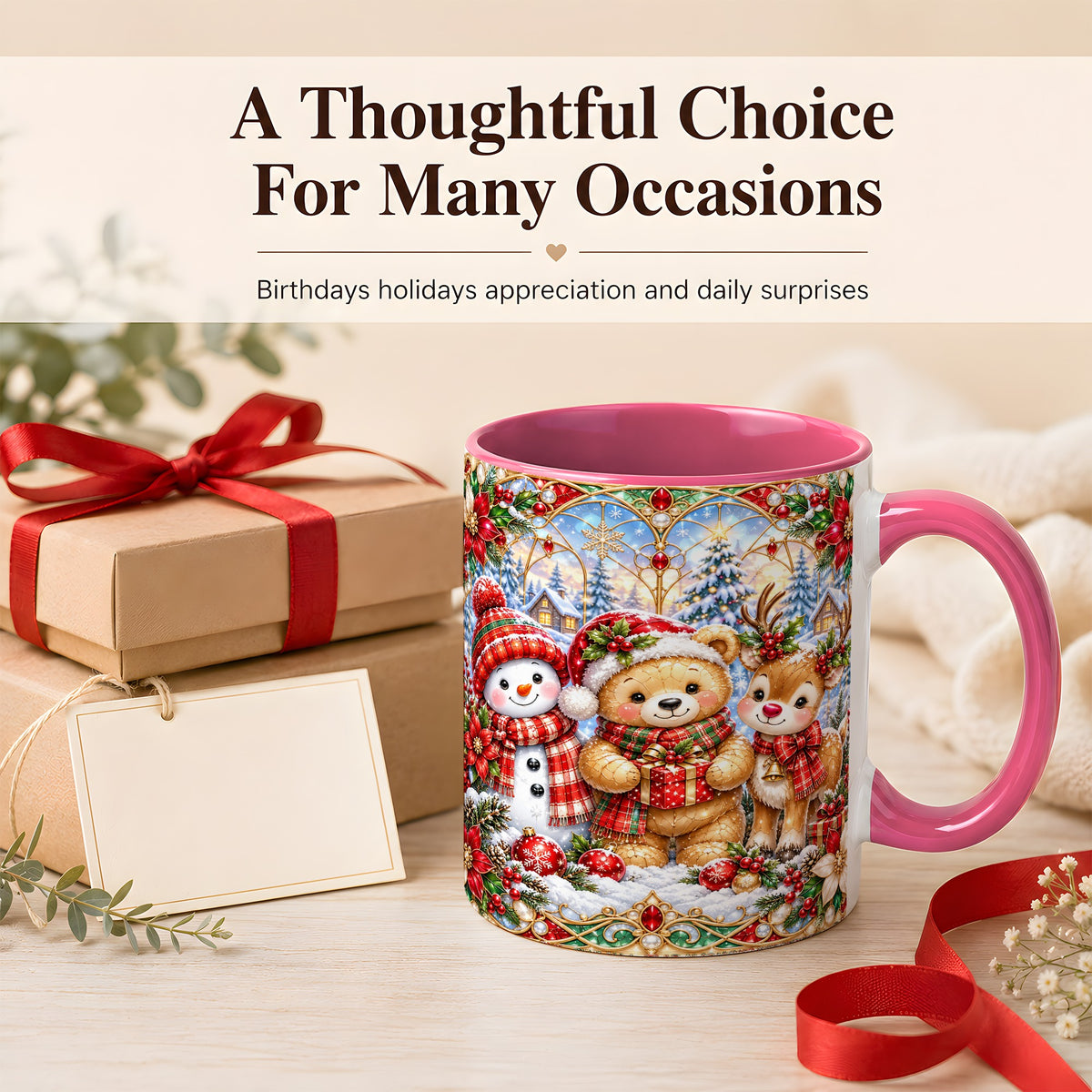 #pl[11oz|Pink] Snowman Reindeer Coffee Mug, Teddy Bear Christmas Mug, Ceramic Cup