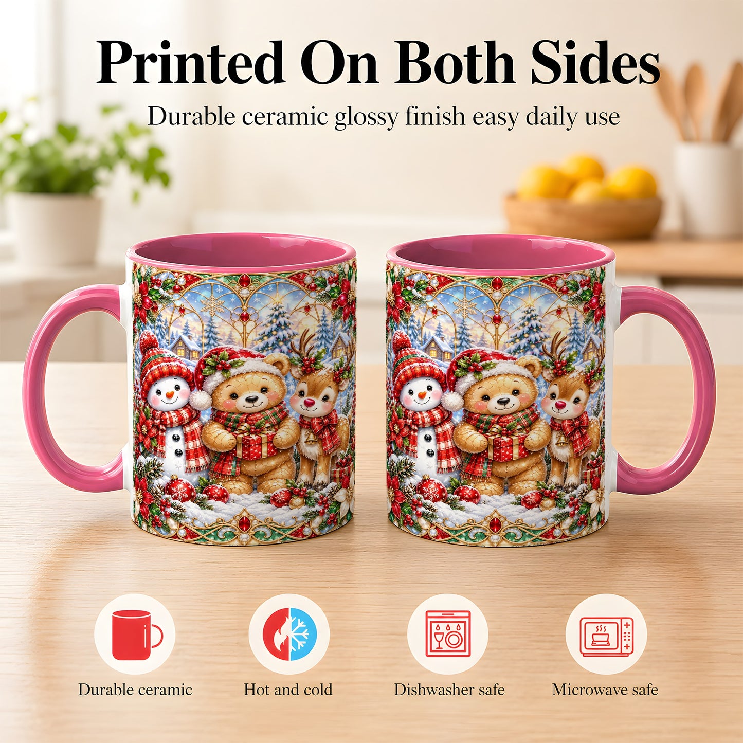 #pl[11oz|Pink] Snowman Reindeer Coffee Mug, Teddy Bear Christmas Mug, Ceramic Cup