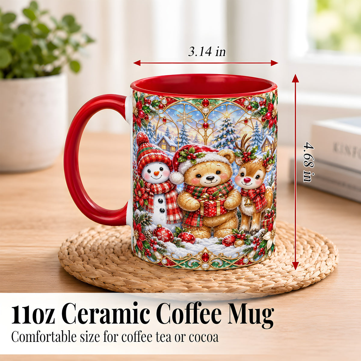 #pl[11oz|Red] Snowman Reindeer Coffee Mug, Teddy Bear Christmas Mug, Ceramic Cup