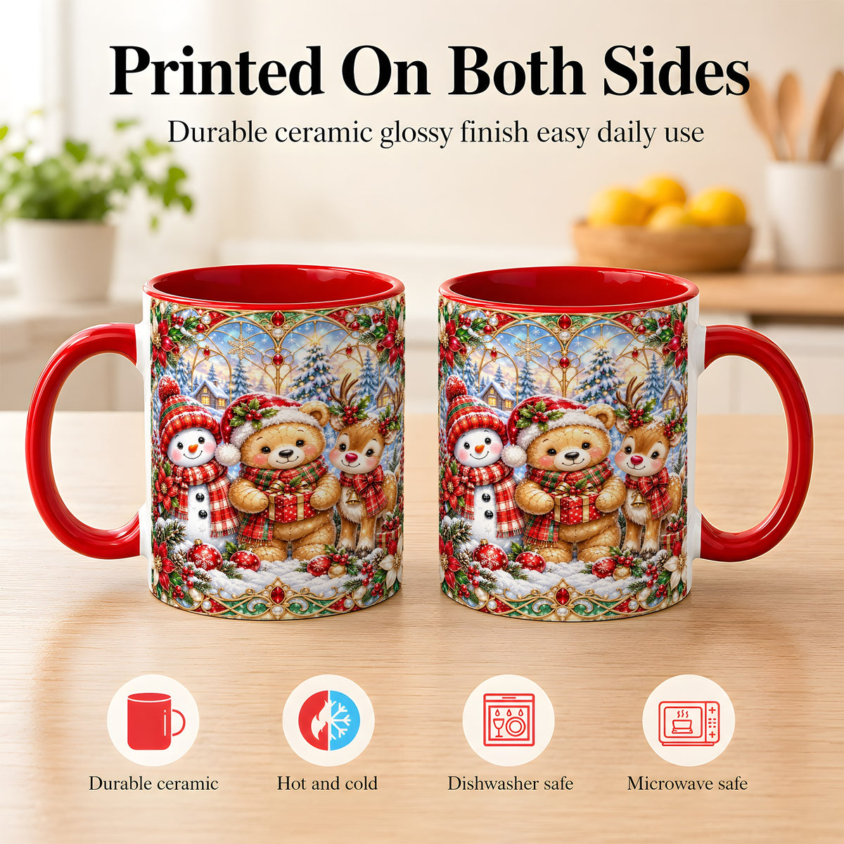 #pl[11oz|Red] Snowman Reindeer Coffee Mug, Teddy Bear Christmas Mug, Ceramic Cup