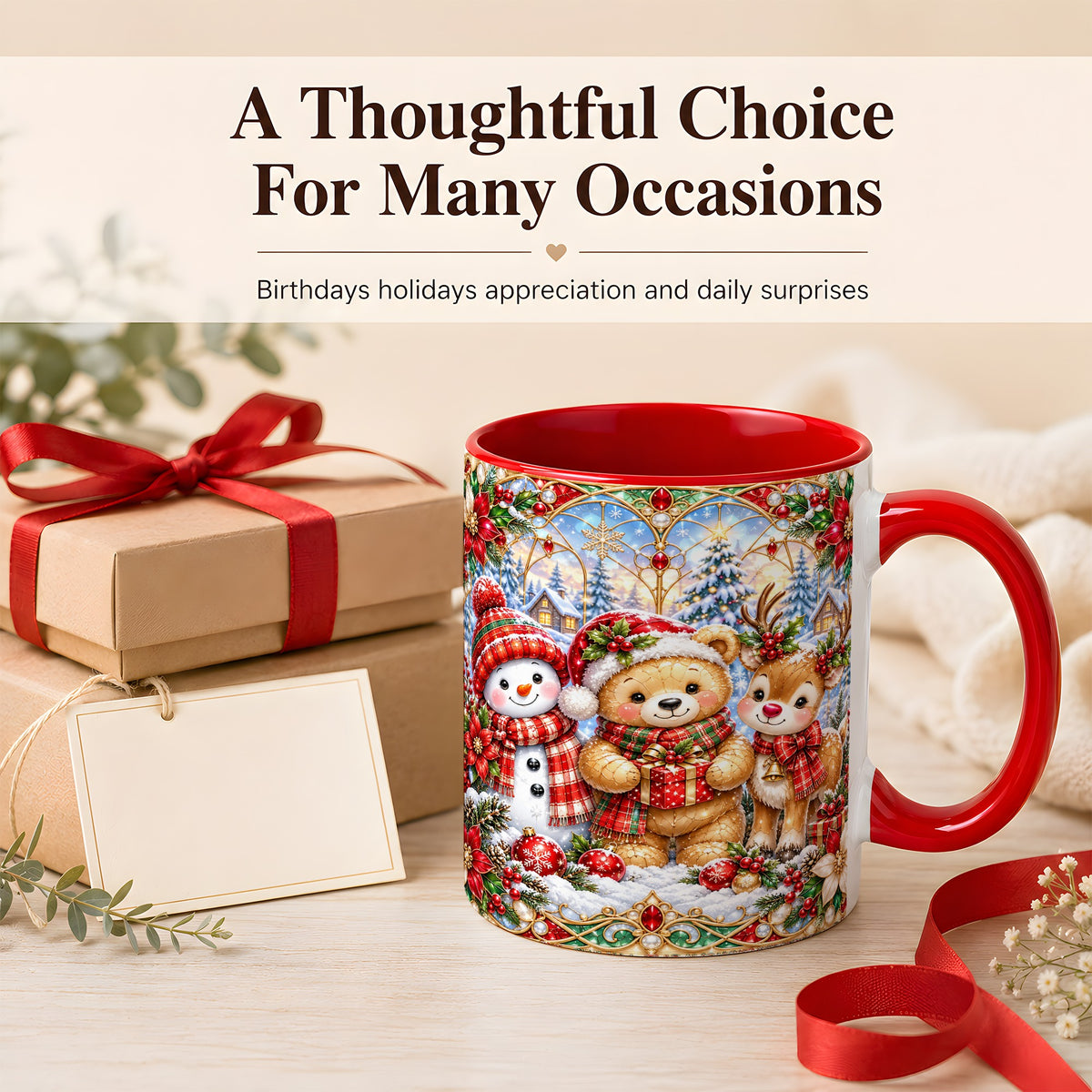 #pl[11oz|Red] Snowman Reindeer Coffee Mug, Teddy Bear Christmas Mug, Ceramic Cup