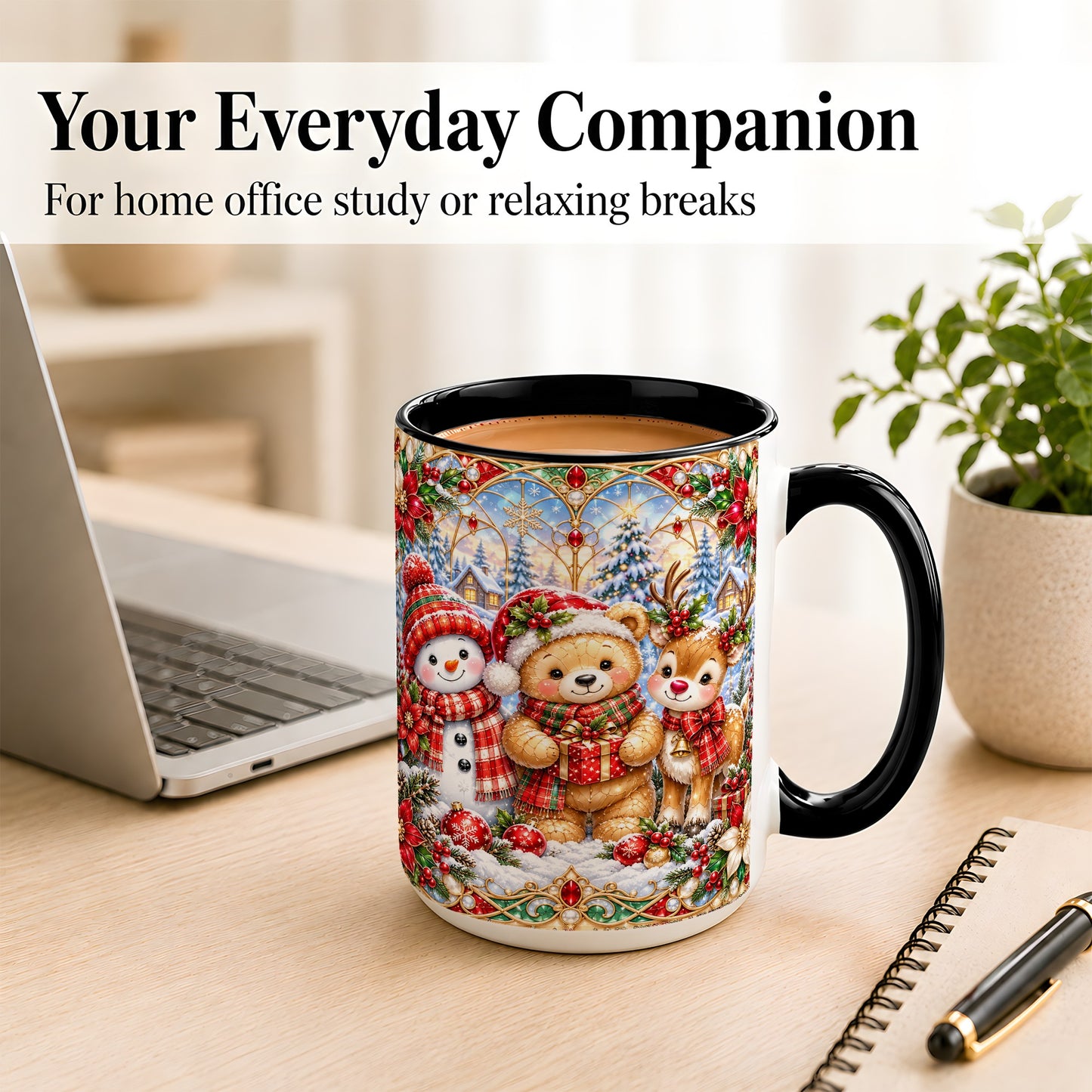 #pl[15oz|Black] Snowman Reindeer Coffee Mug, Teddy Bear Christmas Mug, Ceramic Cup