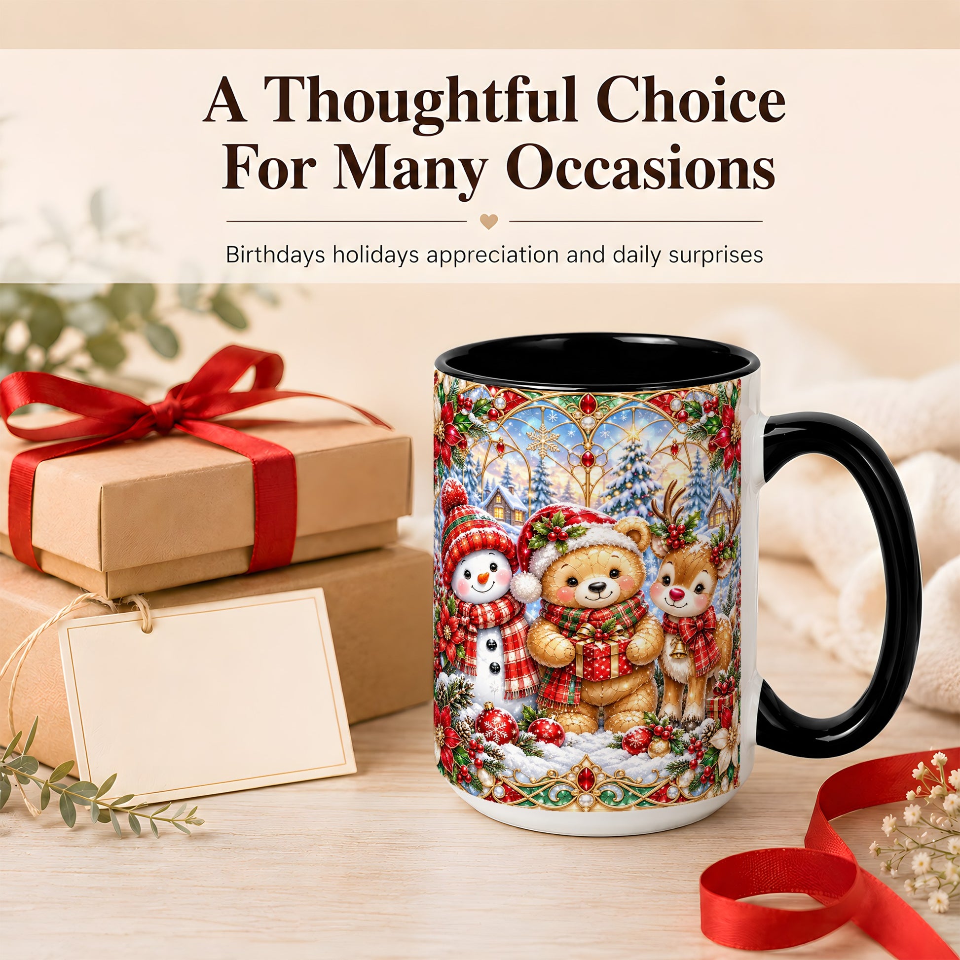 #pl[15oz|Black] Snowman Reindeer Coffee Mug, Teddy Bear Christmas Mug, Ceramic Cup
