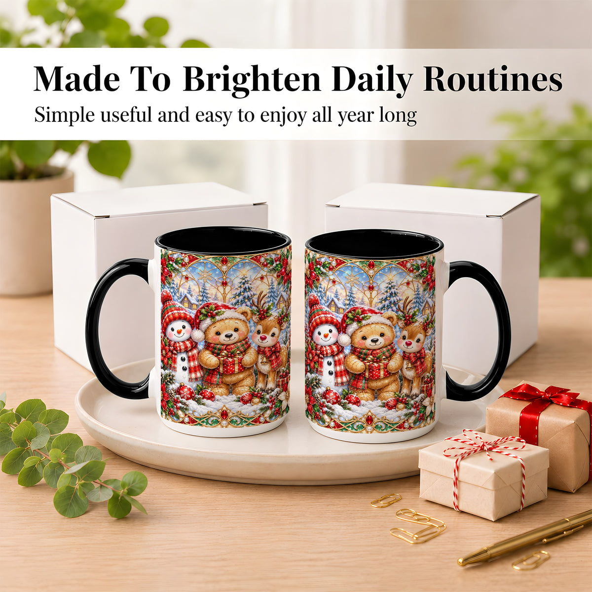 #pl[15oz|Black] Snowman Reindeer Coffee Mug, Teddy Bear Christmas Mug, Ceramic Cup