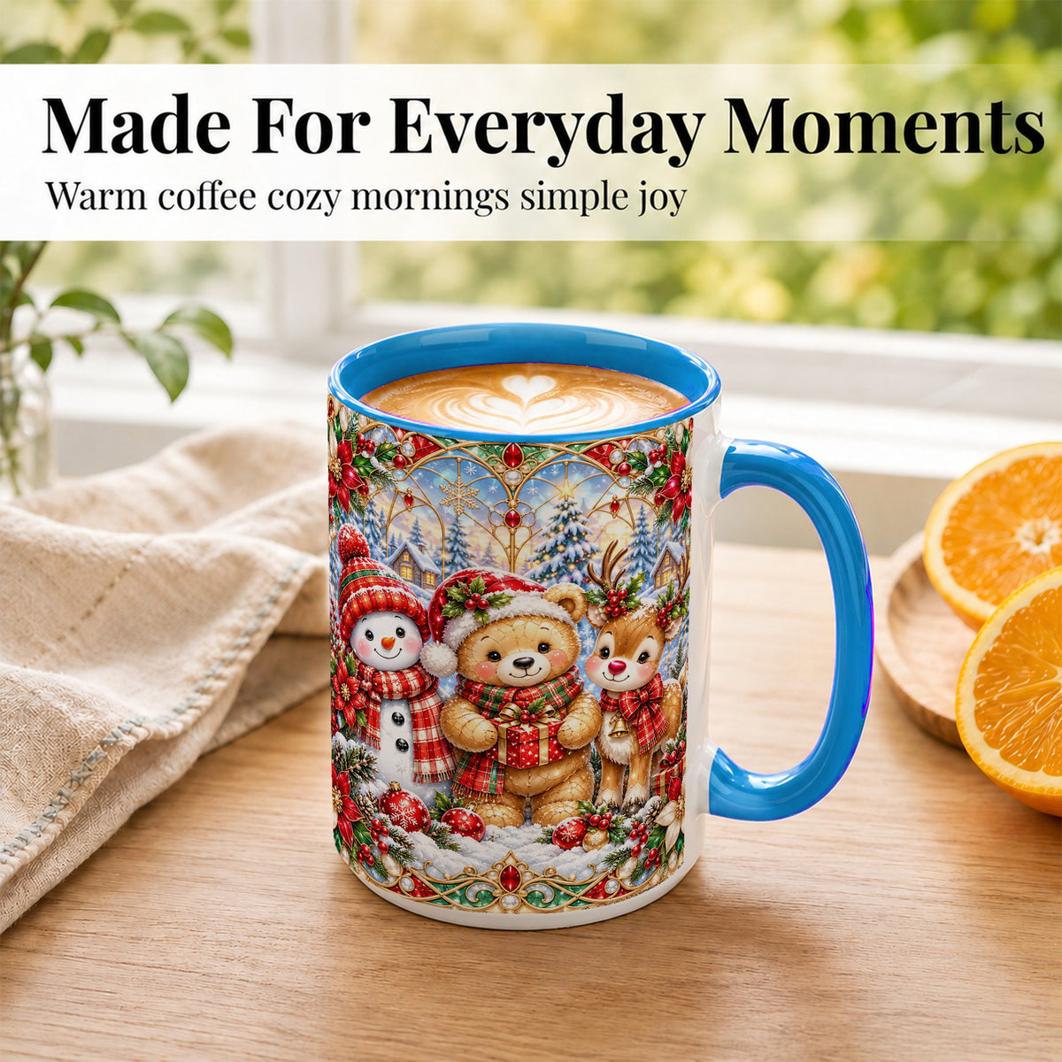 #pl[15oz|Blue] Snowman Reindeer Coffee Mug, Teddy Bear Christmas Mug, Ceramic Cup