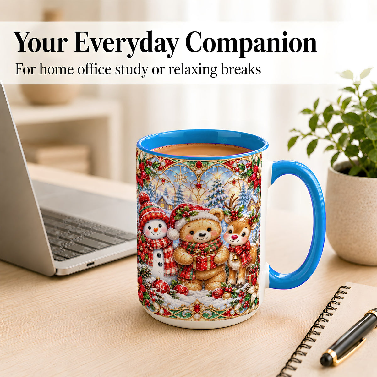 #pl[15oz|Blue] Snowman Reindeer Coffee Mug, Teddy Bear Christmas Mug, Ceramic Cup