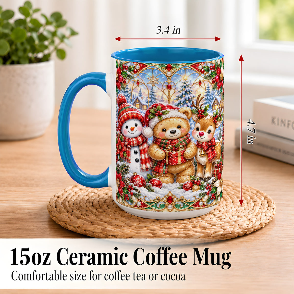 #pl[15oz|Blue] Snowman Reindeer Coffee Mug, Teddy Bear Christmas Mug, Ceramic Cup