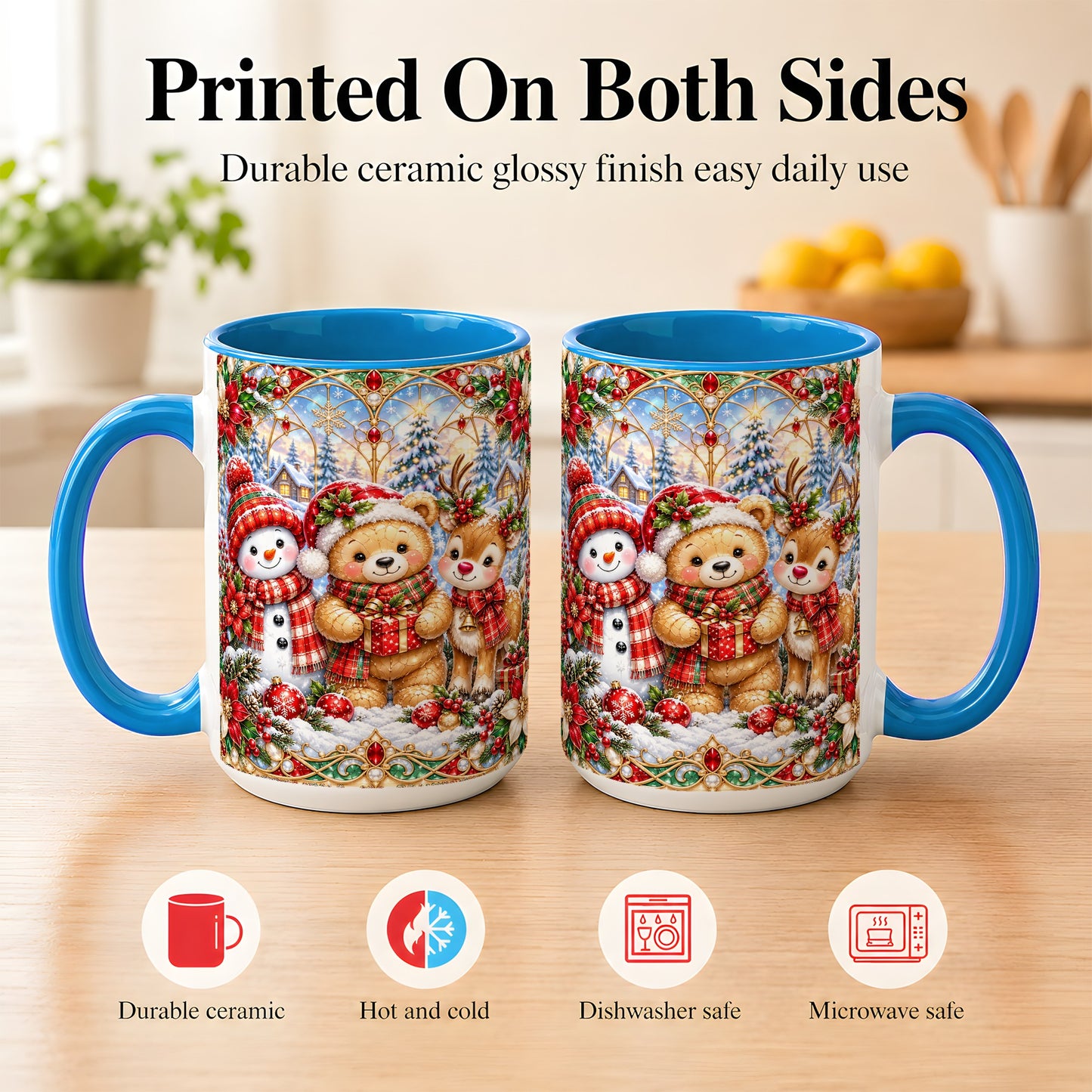 #pl[15oz|Blue] Snowman Reindeer Coffee Mug, Teddy Bear Christmas Mug, Ceramic Cup