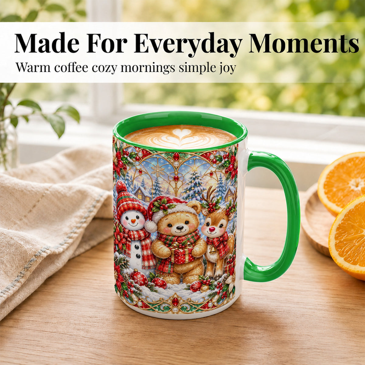 #pl[15oz|Green] Snowman Reindeer Coffee Mug, Teddy Bear Christmas Mug, Ceramic Cup