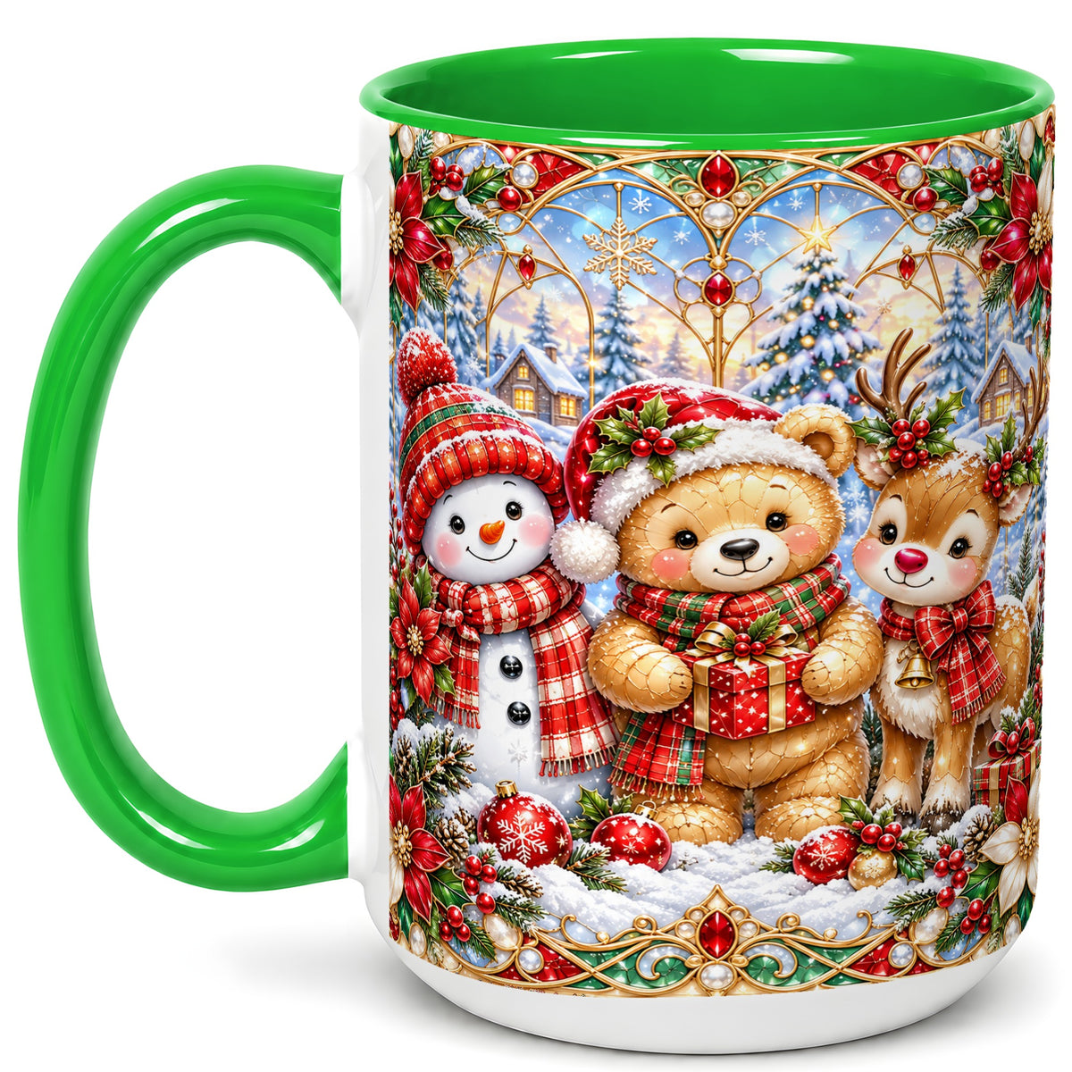 #pl[15oz|Green] Snowman Reindeer Coffee Mug, Teddy Bear Christmas Mug, Ceramic Cup
