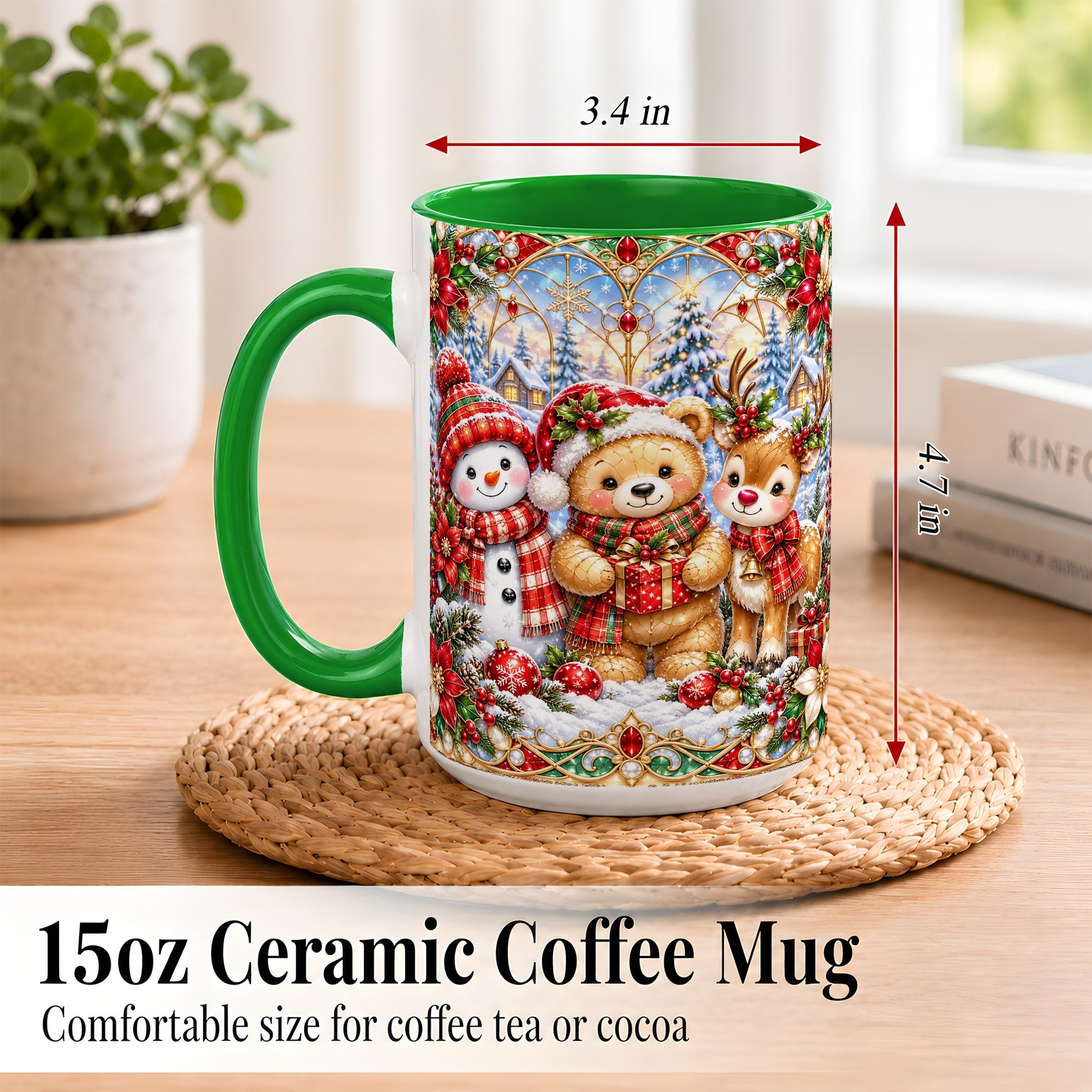 #pl[15oz|Green] Snowman Reindeer Coffee Mug, Teddy Bear Christmas Mug, Ceramic Cup