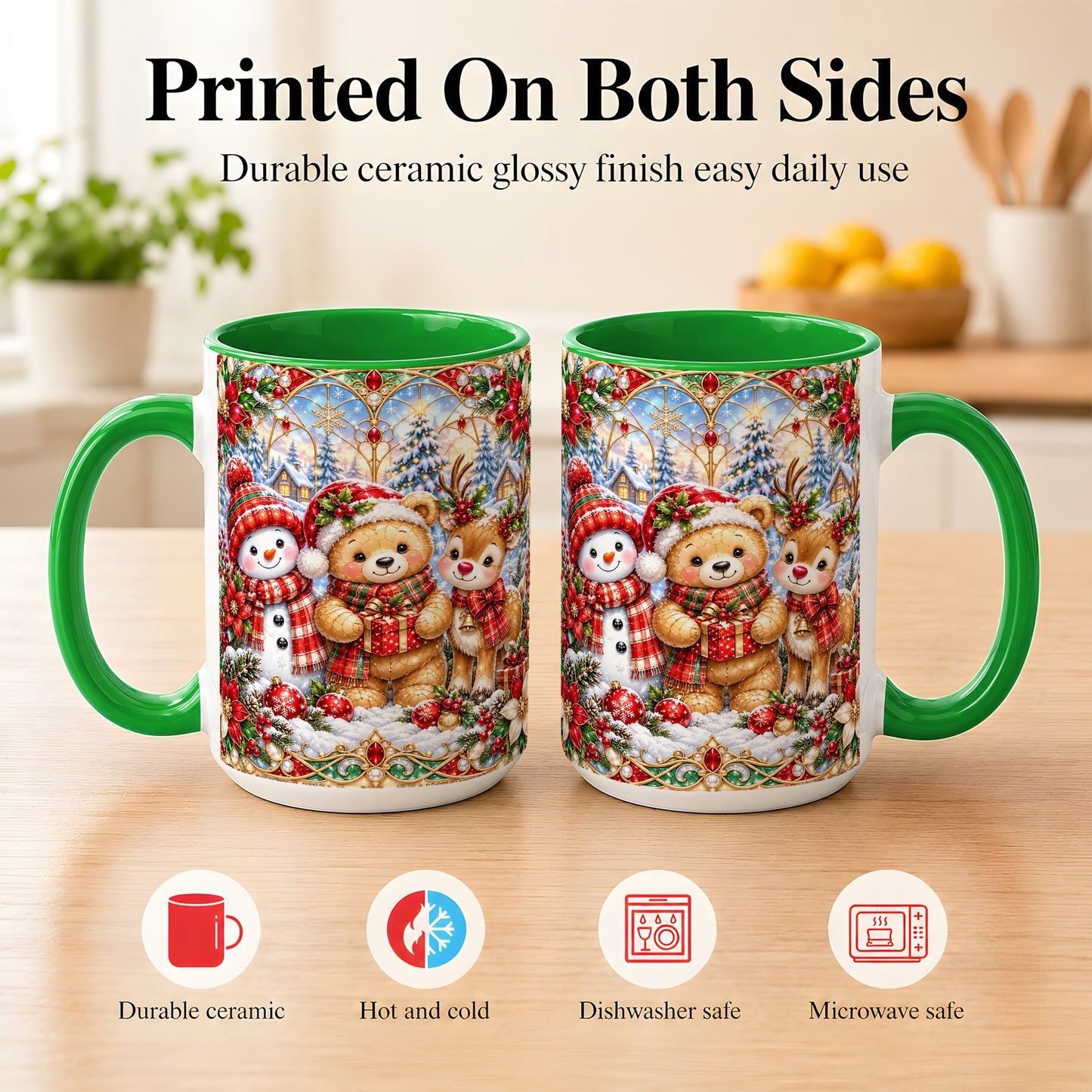 #pl[15oz|Green] Snowman Reindeer Coffee Mug, Teddy Bear Christmas Mug, Ceramic Cup