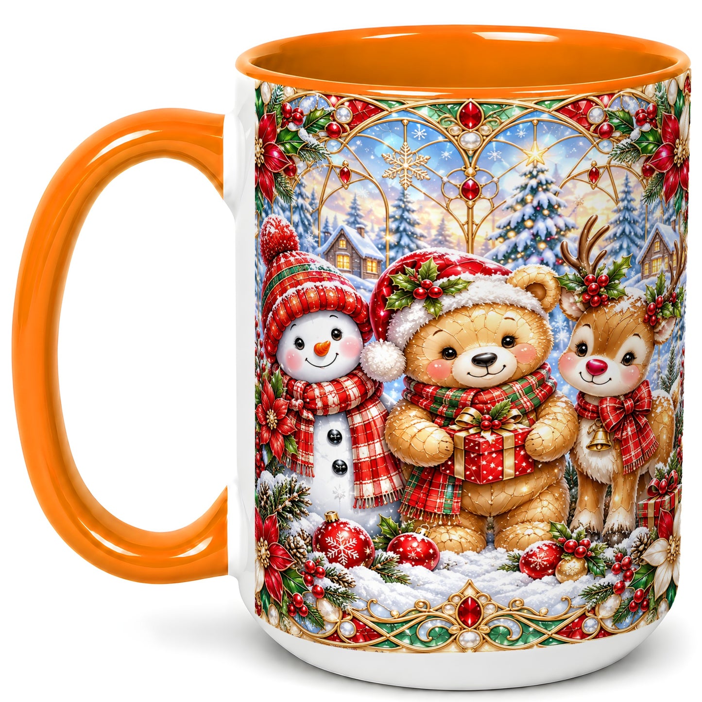 #pl[15oz|Orange] Snowman Reindeer Coffee Mug, Teddy Bear Christmas Mug, Ceramic Cup