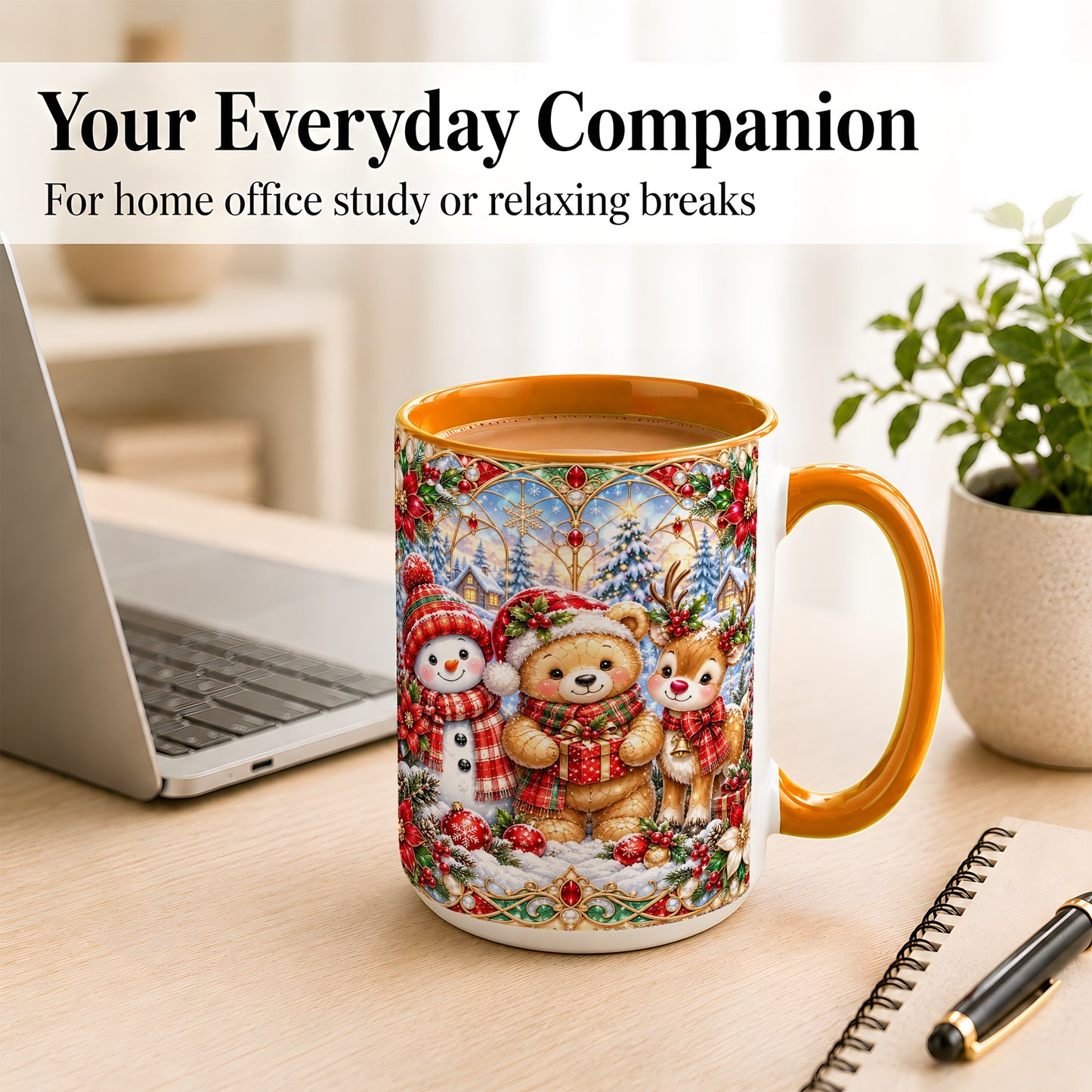 #pl[15oz|Orange] Snowman Reindeer Coffee Mug, Teddy Bear Christmas Mug, Ceramic Cup