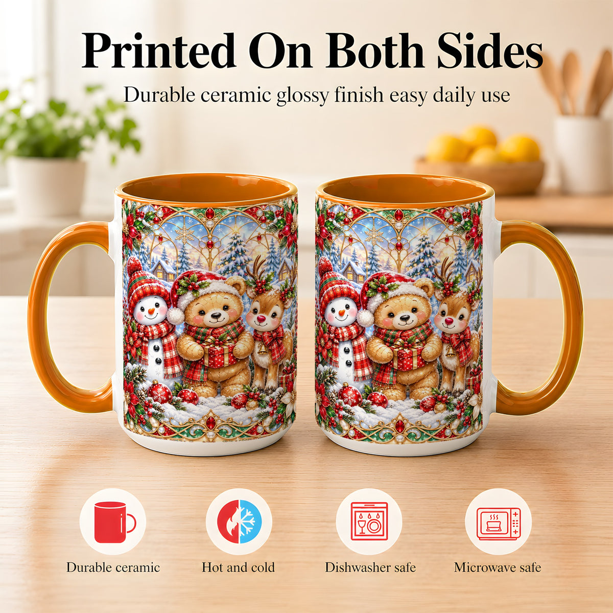 #pl[15oz|Orange] Snowman Reindeer Coffee Mug, Teddy Bear Christmas Mug, Ceramic Cup