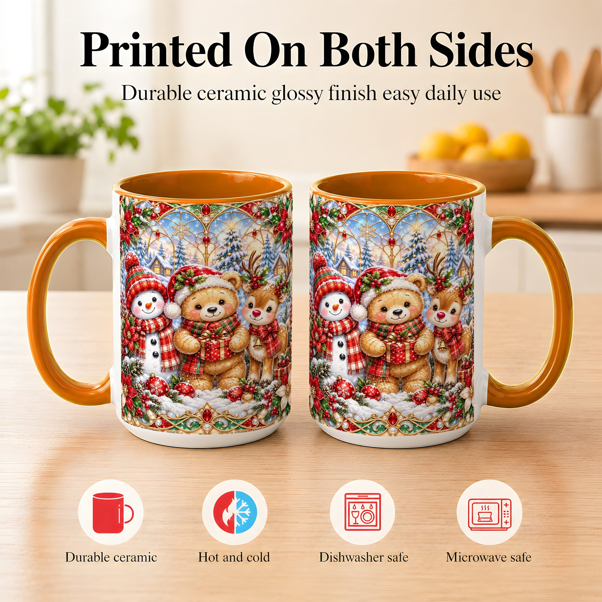 #pl[15oz|Orange] Snowman Reindeer Coffee Mug, Teddy Bear Christmas Mug, Ceramic Cup