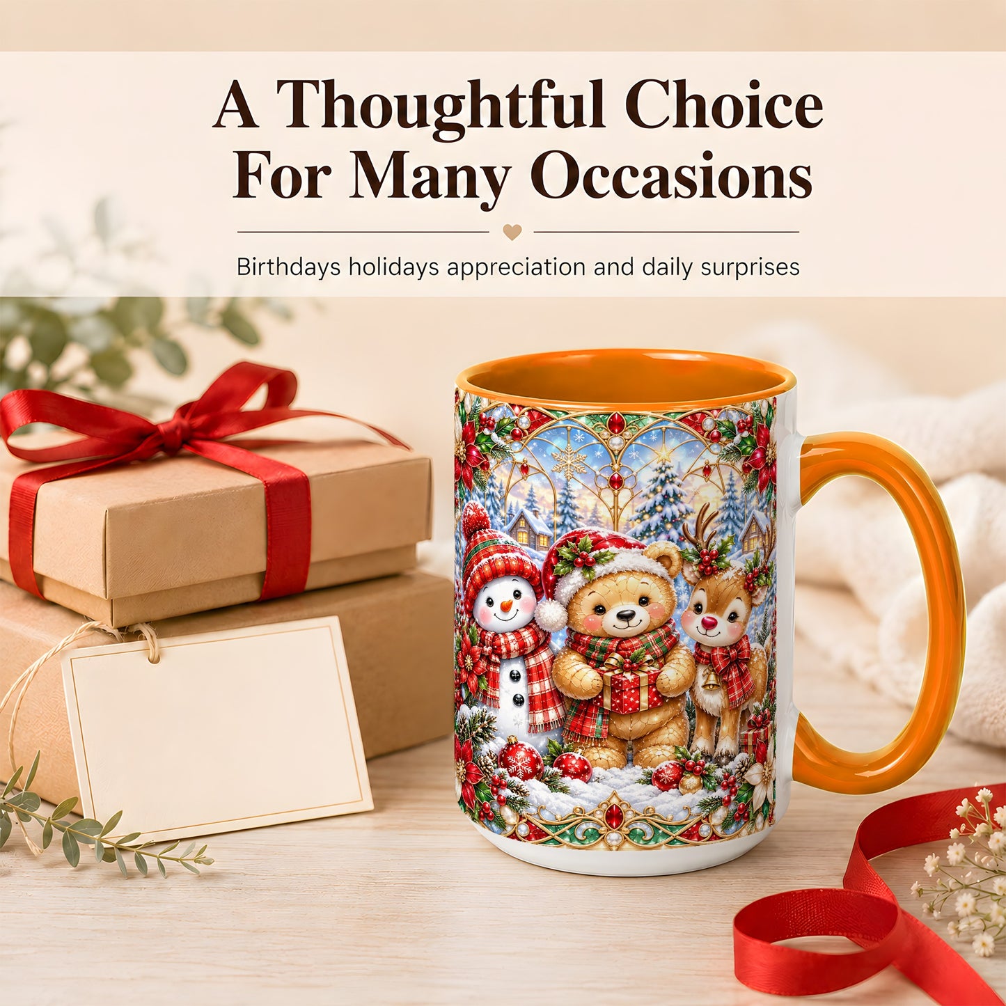 #pl[15oz|Orange] Snowman Reindeer Coffee Mug, Teddy Bear Christmas Mug, Ceramic Cup