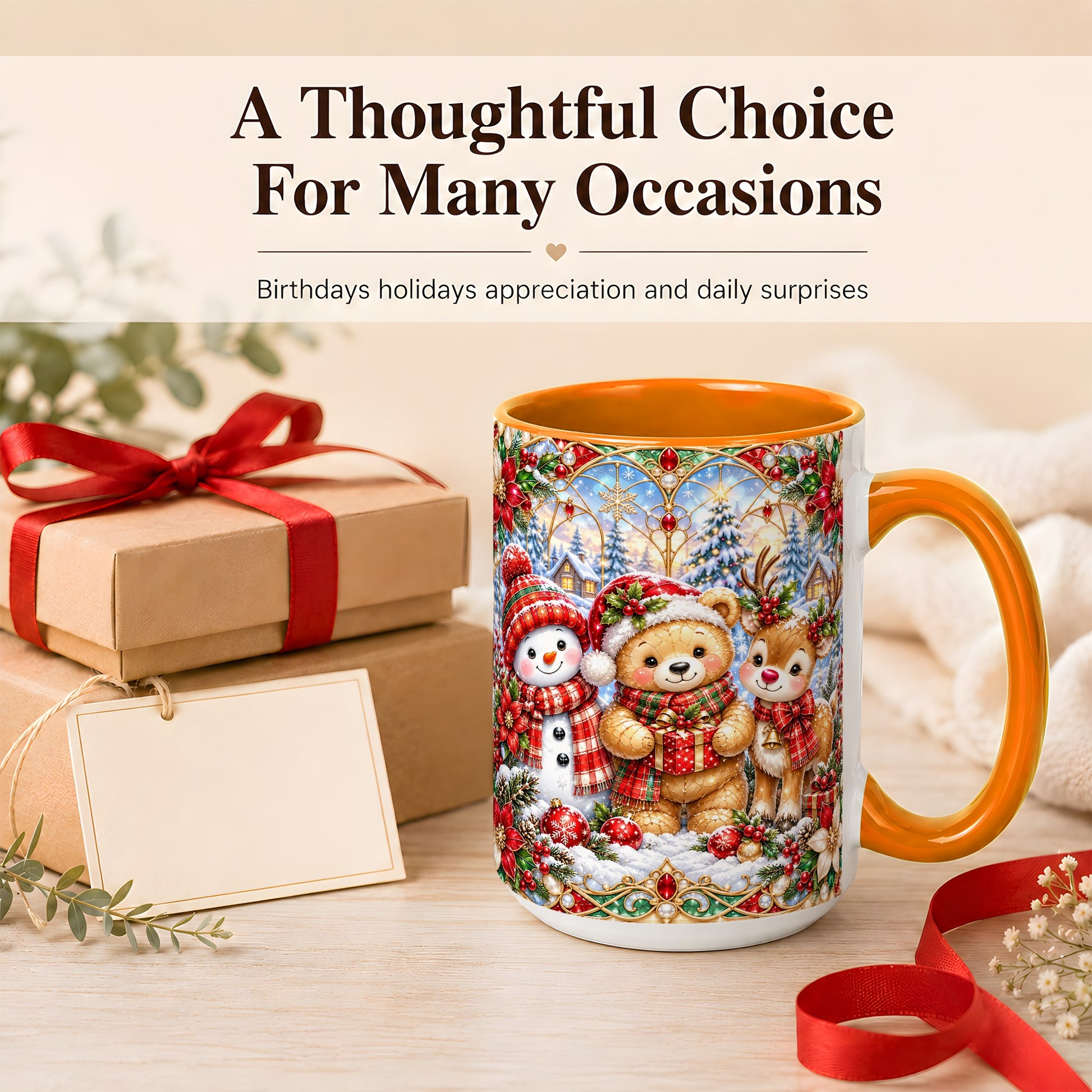 #pl[15oz|Orange] Snowman Reindeer Coffee Mug, Teddy Bear Christmas Mug, Ceramic Cup