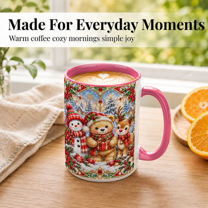 #pl[15oz|Pink] Snowman Reindeer Coffee Mug, Teddy Bear Christmas Mug, Ceramic Cup