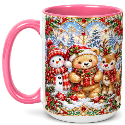 #pl[15oz|Pink] Snowman Reindeer Coffee Mug, Teddy Bear Christmas Mug, Ceramic Cup