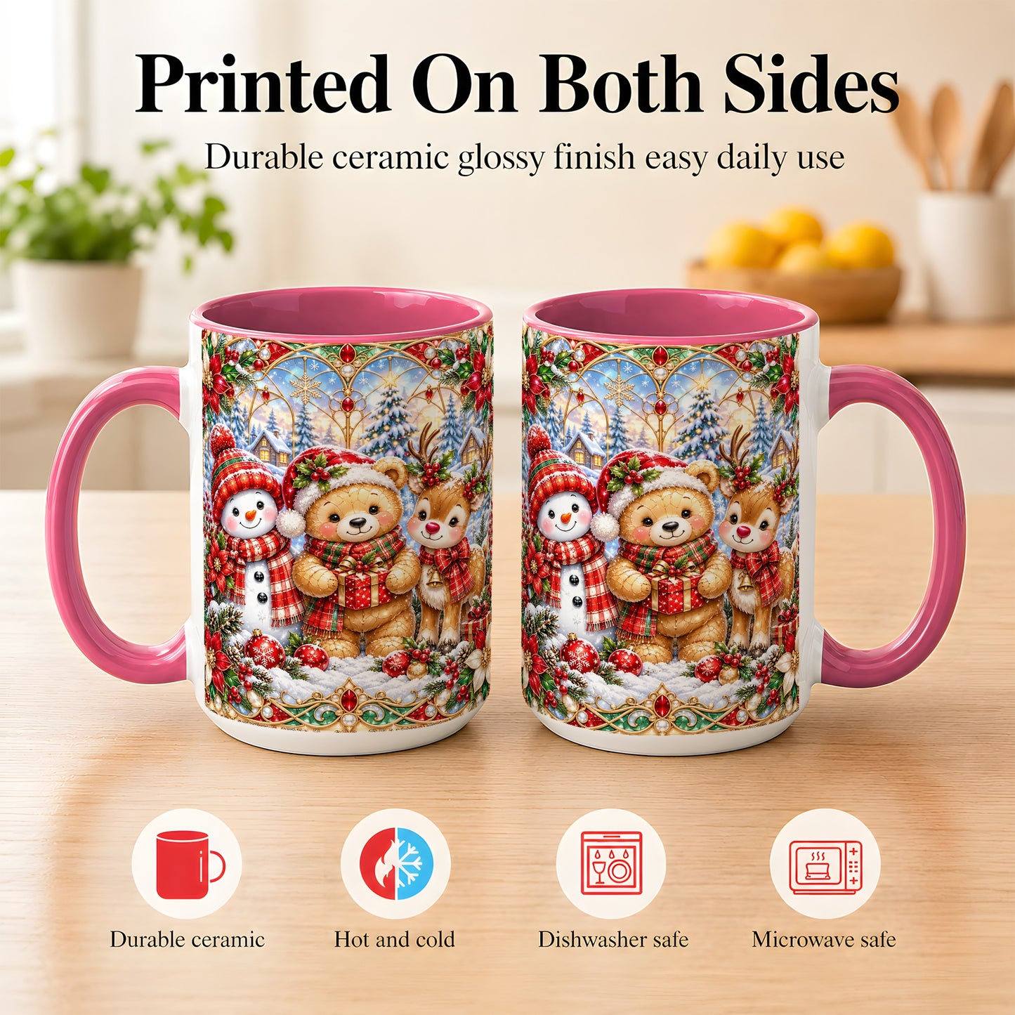 #pl[15oz|Pink] Snowman Reindeer Coffee Mug, Teddy Bear Christmas Mug, Ceramic Cup