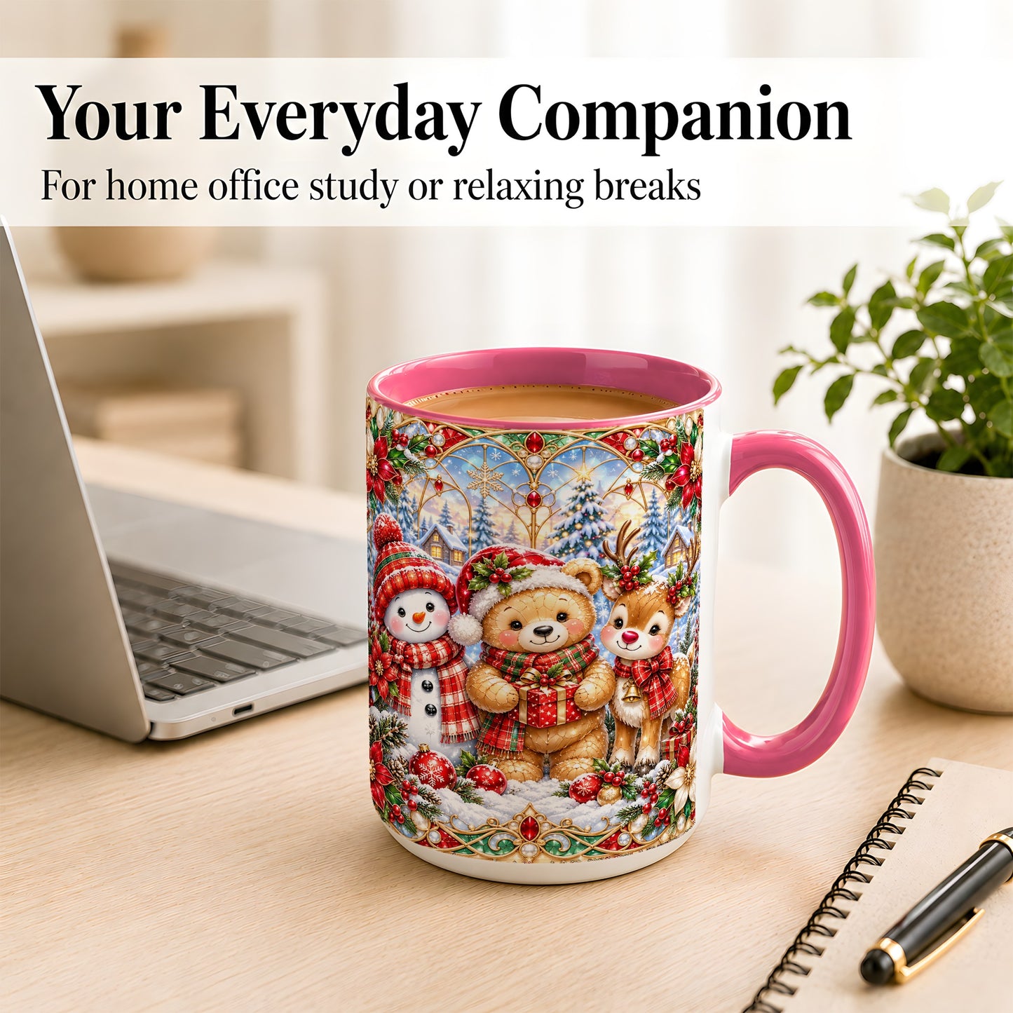 #pl[15oz|Pink] Snowman Reindeer Coffee Mug, Teddy Bear Christmas Mug, Ceramic Cup