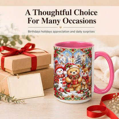 #pl[15oz|Pink] Snowman Reindeer Coffee Mug, Teddy Bear Christmas Mug, Ceramic Cup