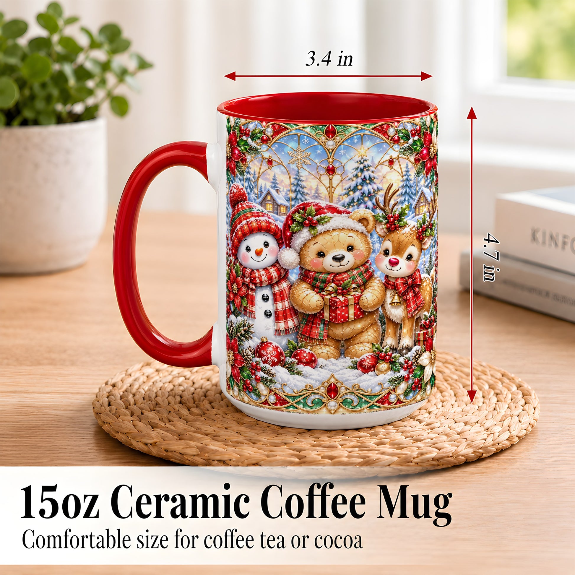 #pl[15oz|Red] Snowman Reindeer Coffee Mug, Teddy Bear Christmas Mug, Ceramic Cup