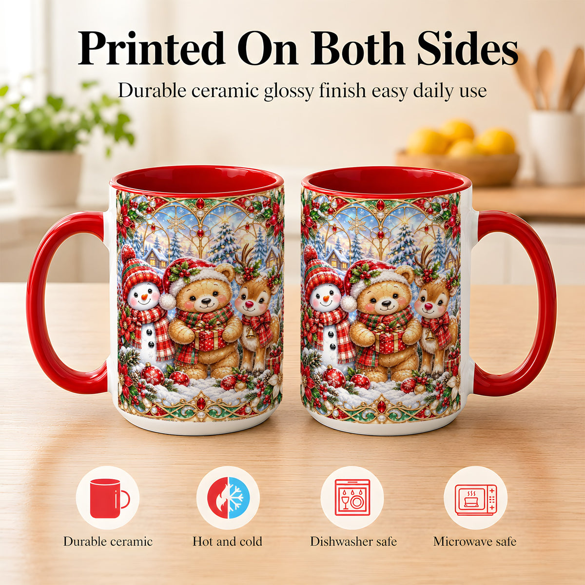 #pl[15oz|Red] Snowman Reindeer Coffee Mug, Teddy Bear Christmas Mug, Ceramic Cup