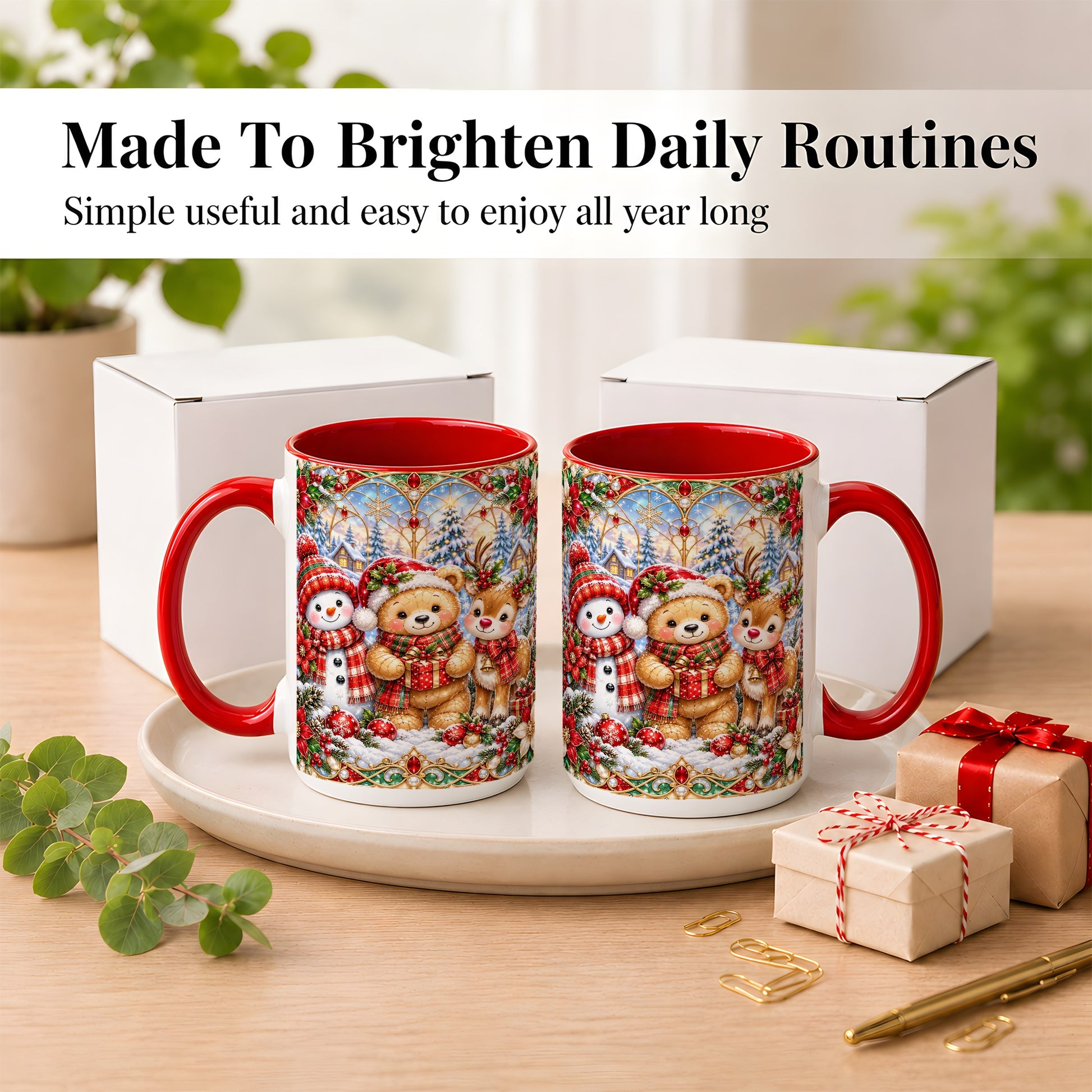 #pl[15oz|Red] Snowman Reindeer Coffee Mug, Teddy Bear Christmas Mug, Ceramic Cup