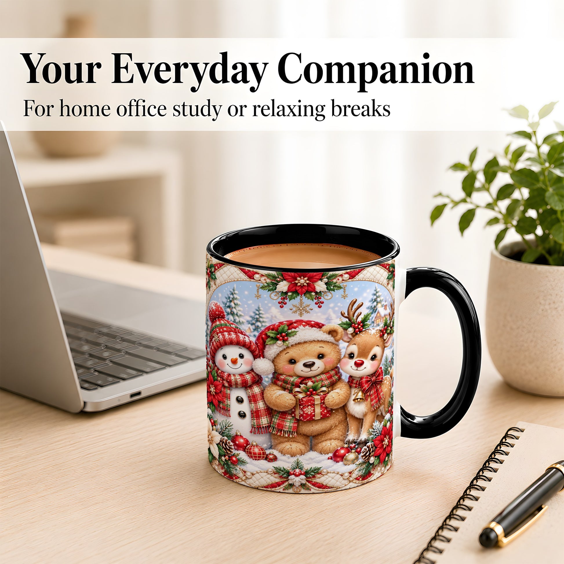 #pl[11oz|Black] Winter Friends Coffee Mug, Snowman Reindeer Mug, Ceramic Cup