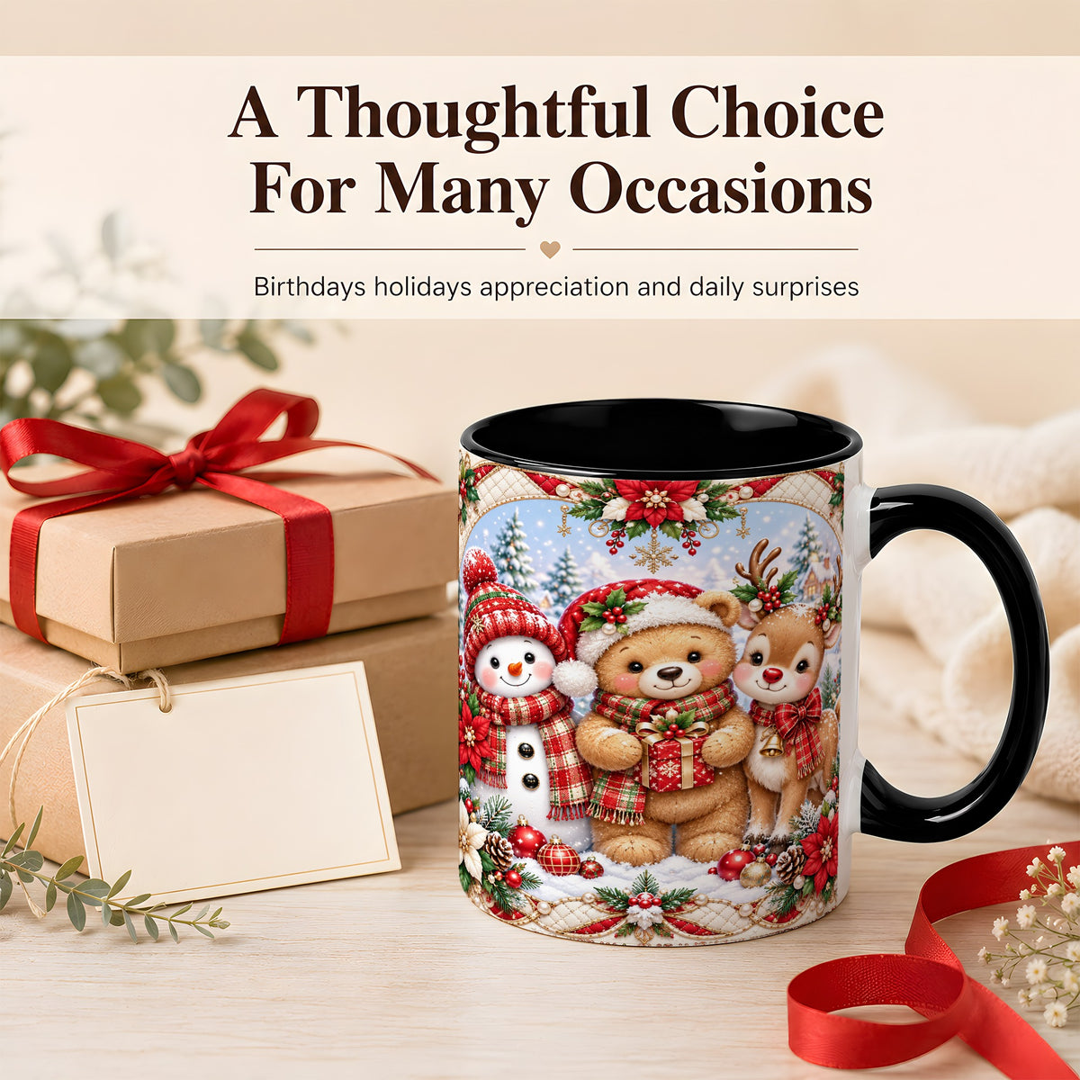 #pl[11oz|Black] Winter Friends Coffee Mug, Snowman Reindeer Mug, Ceramic Cup
