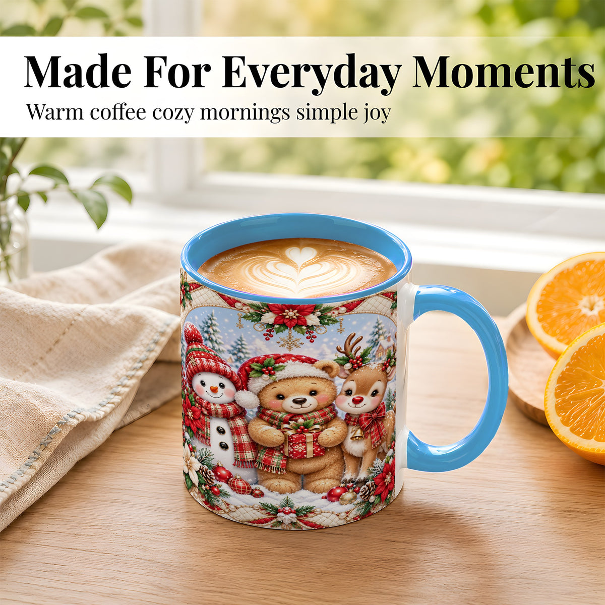 #pl[11oz|Blue] Winter Friends Coffee Mug, Snowman Reindeer Mug, Ceramic Cup