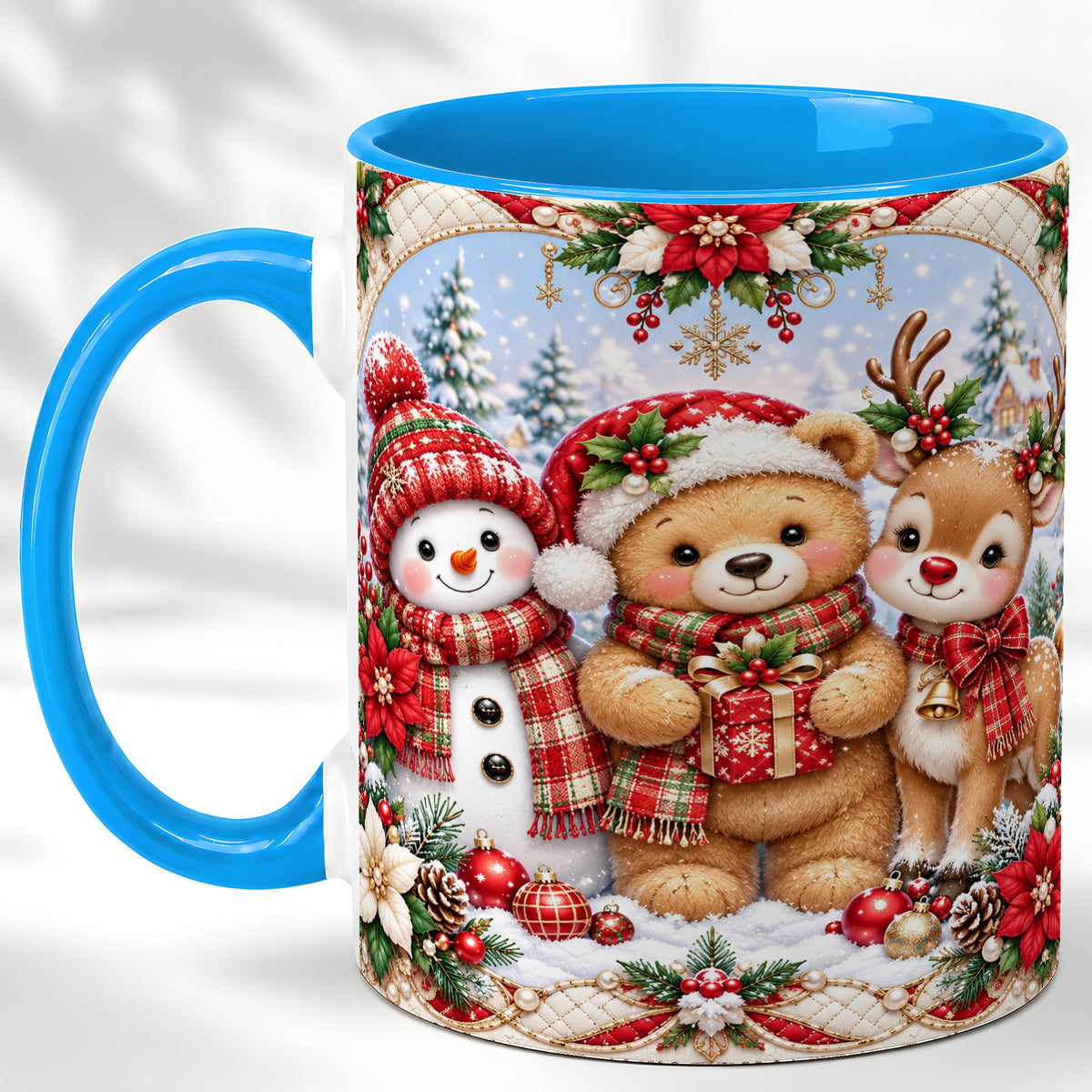 #pl[11oz|Blue] Winter Friends Coffee Mug, Snowman Reindeer Mug, Ceramic Cup