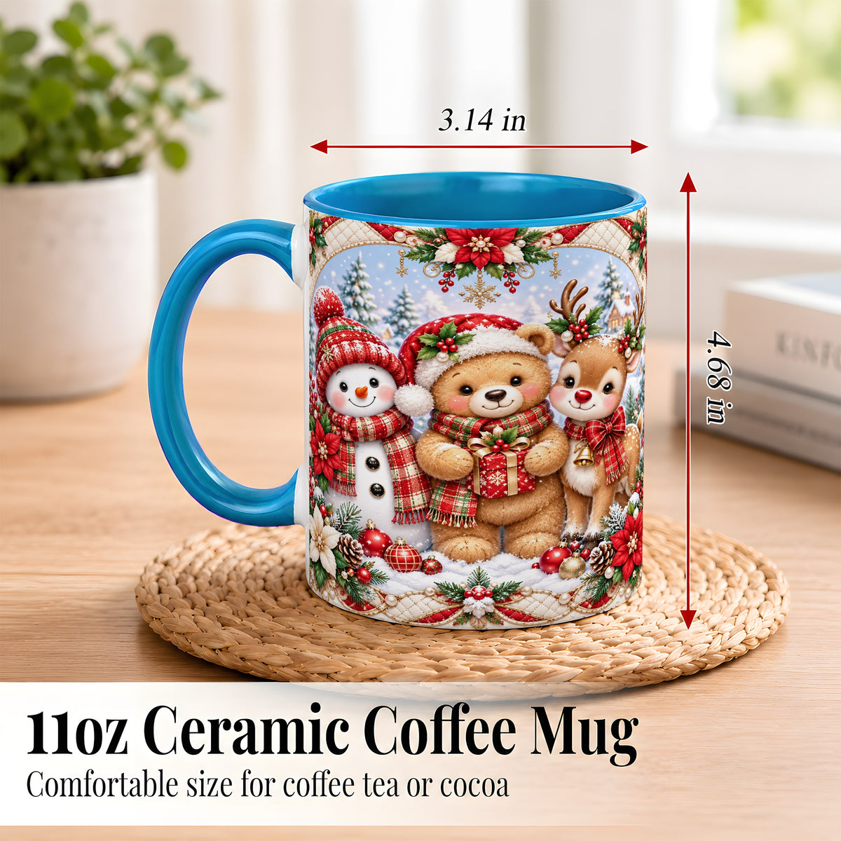 #pl[11oz|Blue] Winter Friends Coffee Mug, Snowman Reindeer Mug, Ceramic Cup